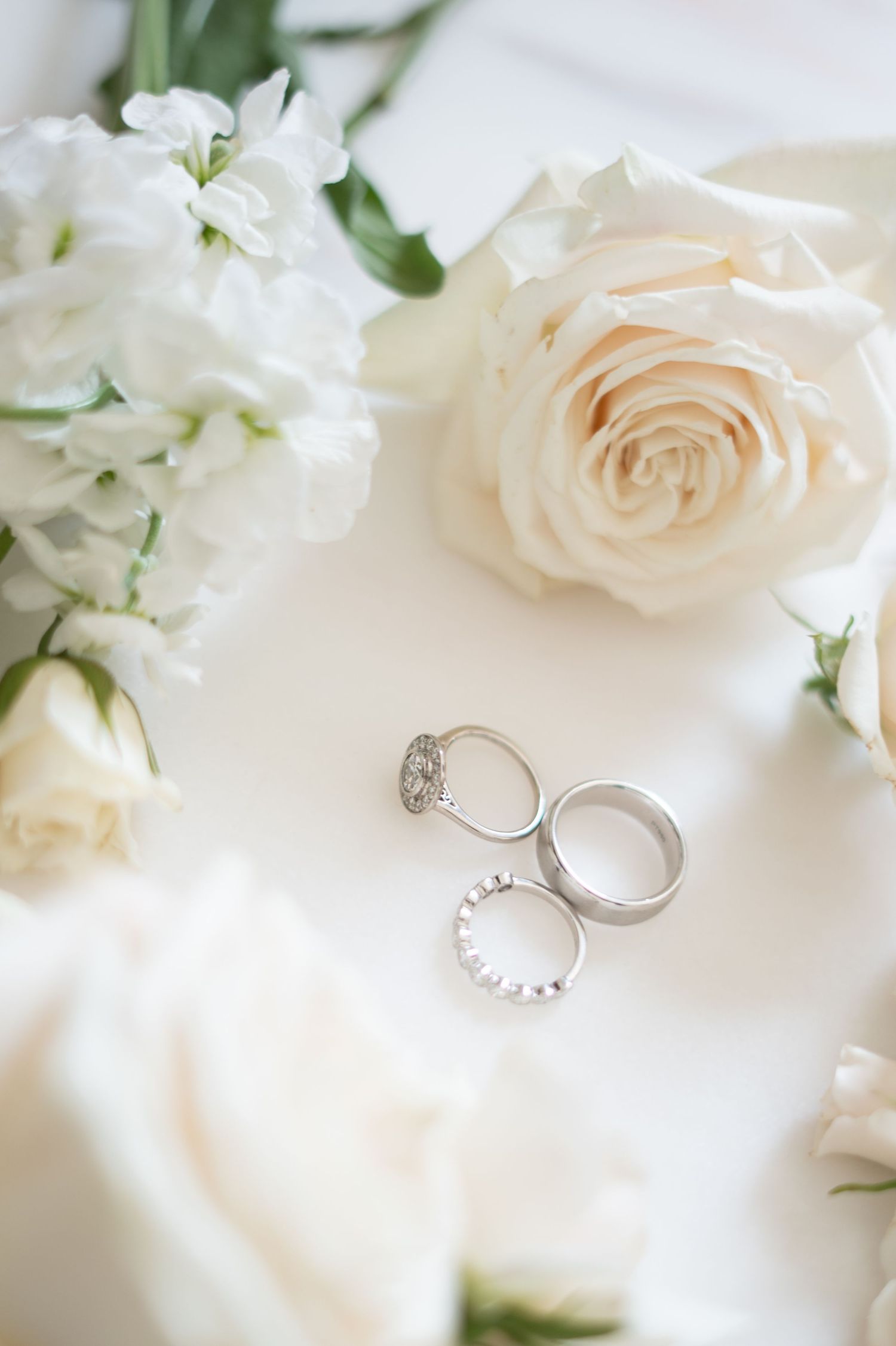 Wedding rings surrounded by delicate white roses and flowers on a light background.