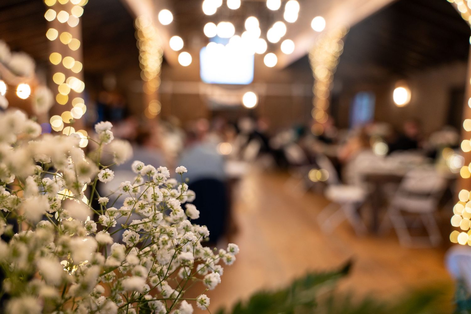 Selective focus on white baby's breath flowers with blurred reception venue and string lights in background.