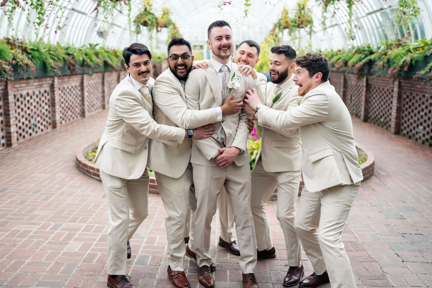 Groom and groomsmen laughing together in matching beige suits at an elegant greenhouse wedding venue.