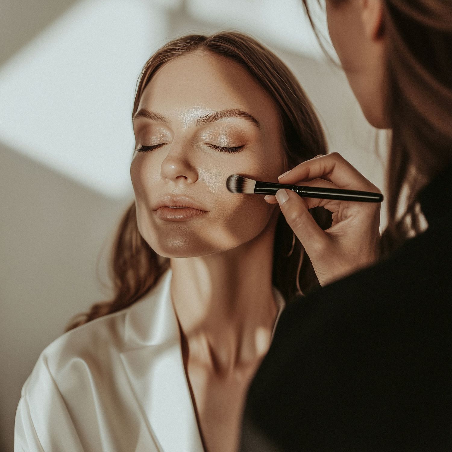 Professional makeup artist applying cosmetics to model's face in warm natural lighting during beauty photoshoot.