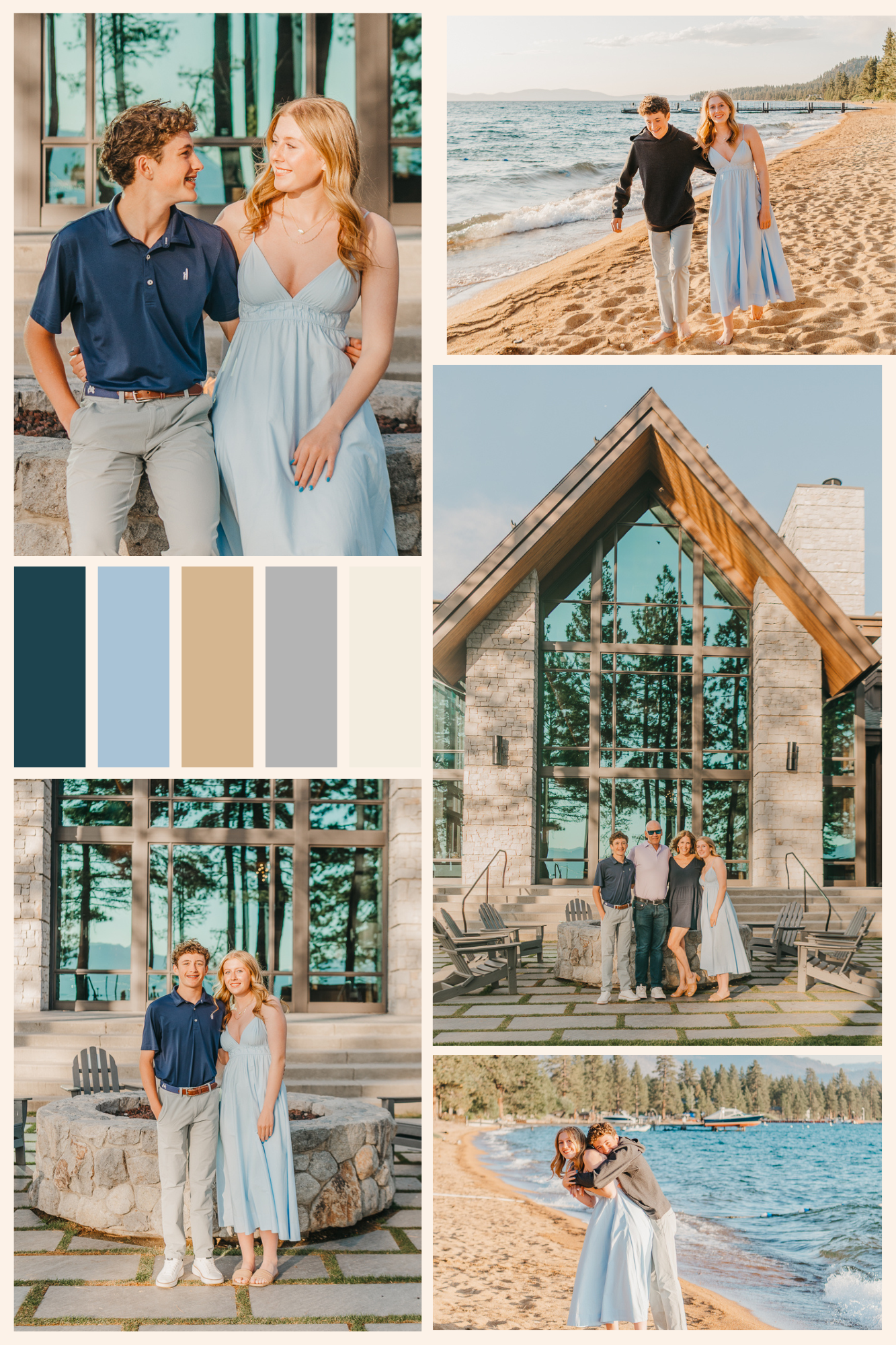 Romantic couple photoshoot featuring light blue dress and navy shirt coordinated outfits at beach and chapel locations.