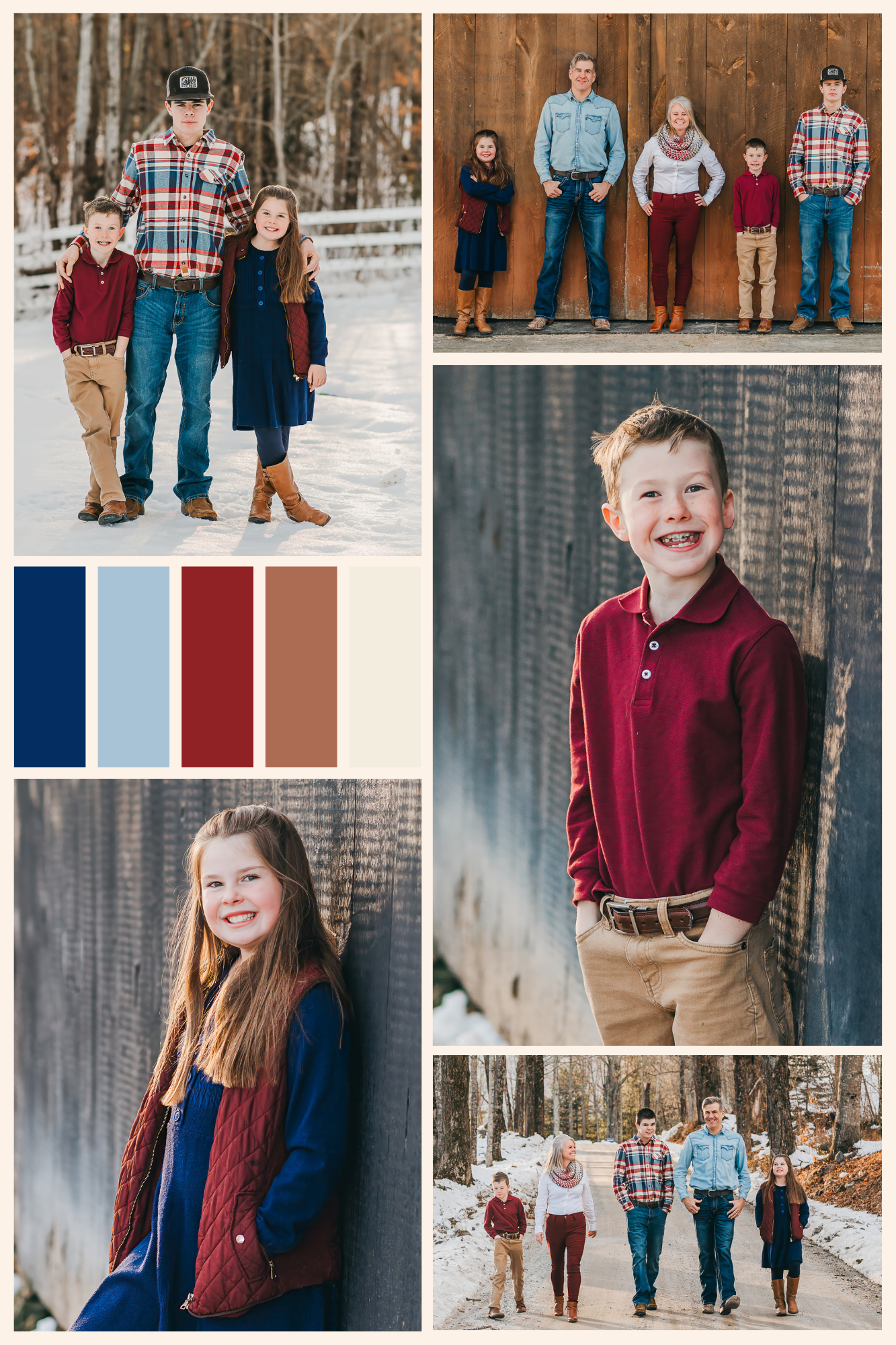 Family wearing coordinated burgundy and navy winter outfits poses together in snowy outdoor setting for holiday photos.
