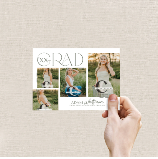 Hands holding and displaying a custom printed photo card with multiple lifestyle images arranged in a minimalist design.