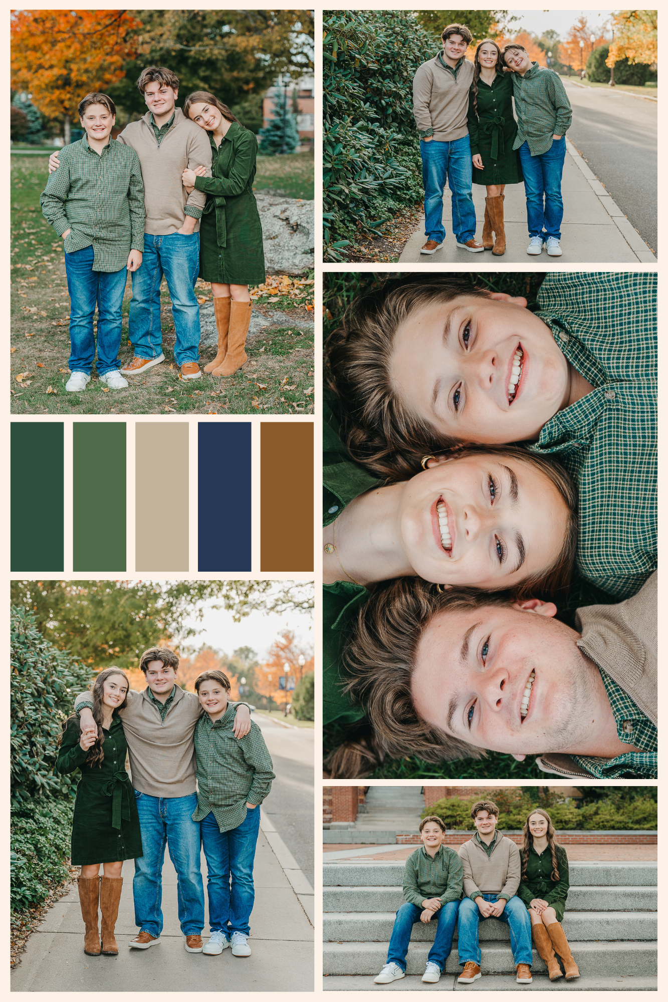 A collage of outdoor autumn family photos featuring coordinated outfits in earth tones against fall foliage.