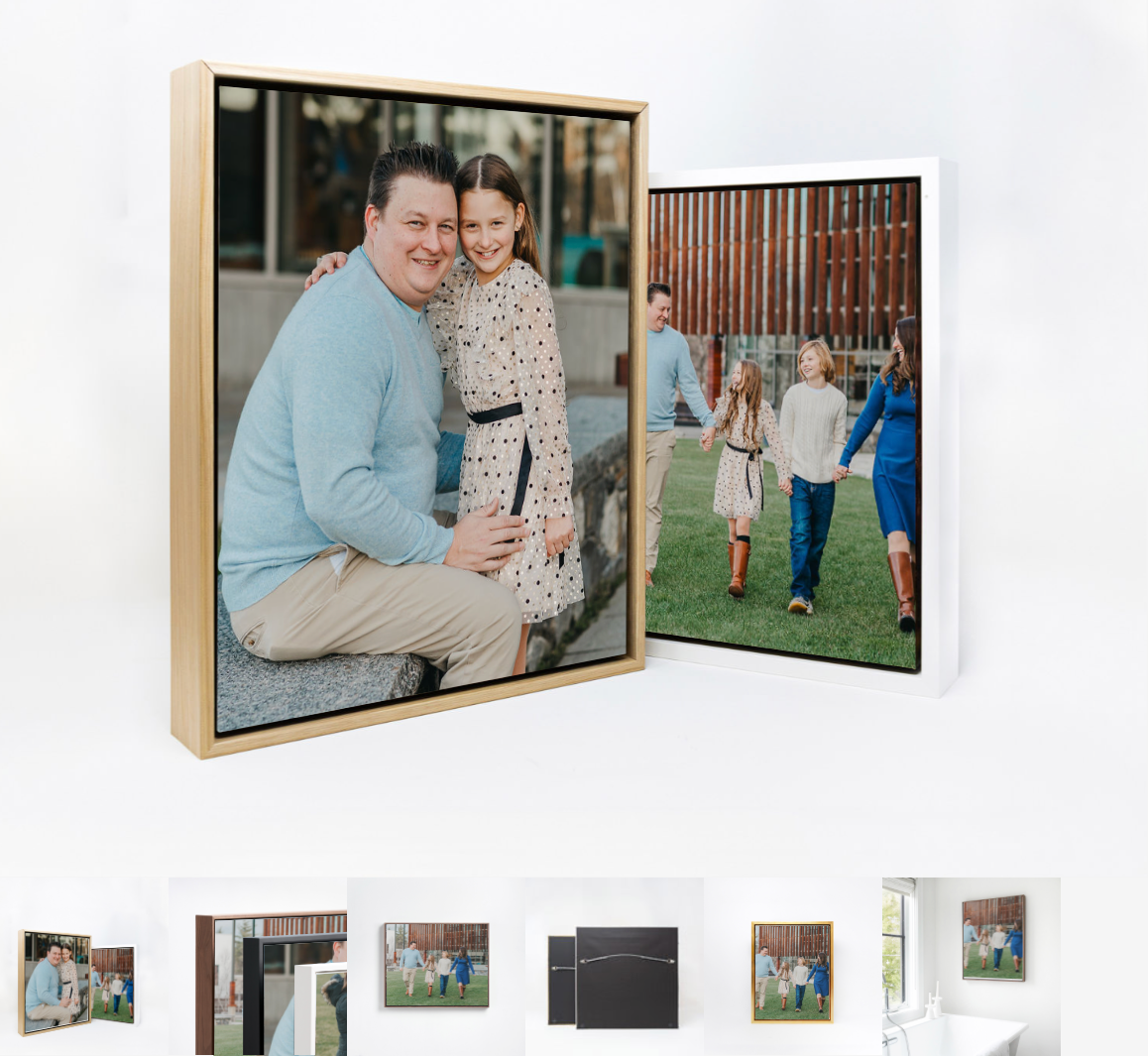 A collection of photo album layouts showing wood block mounted family portraits with multiple arrangements and designs.
