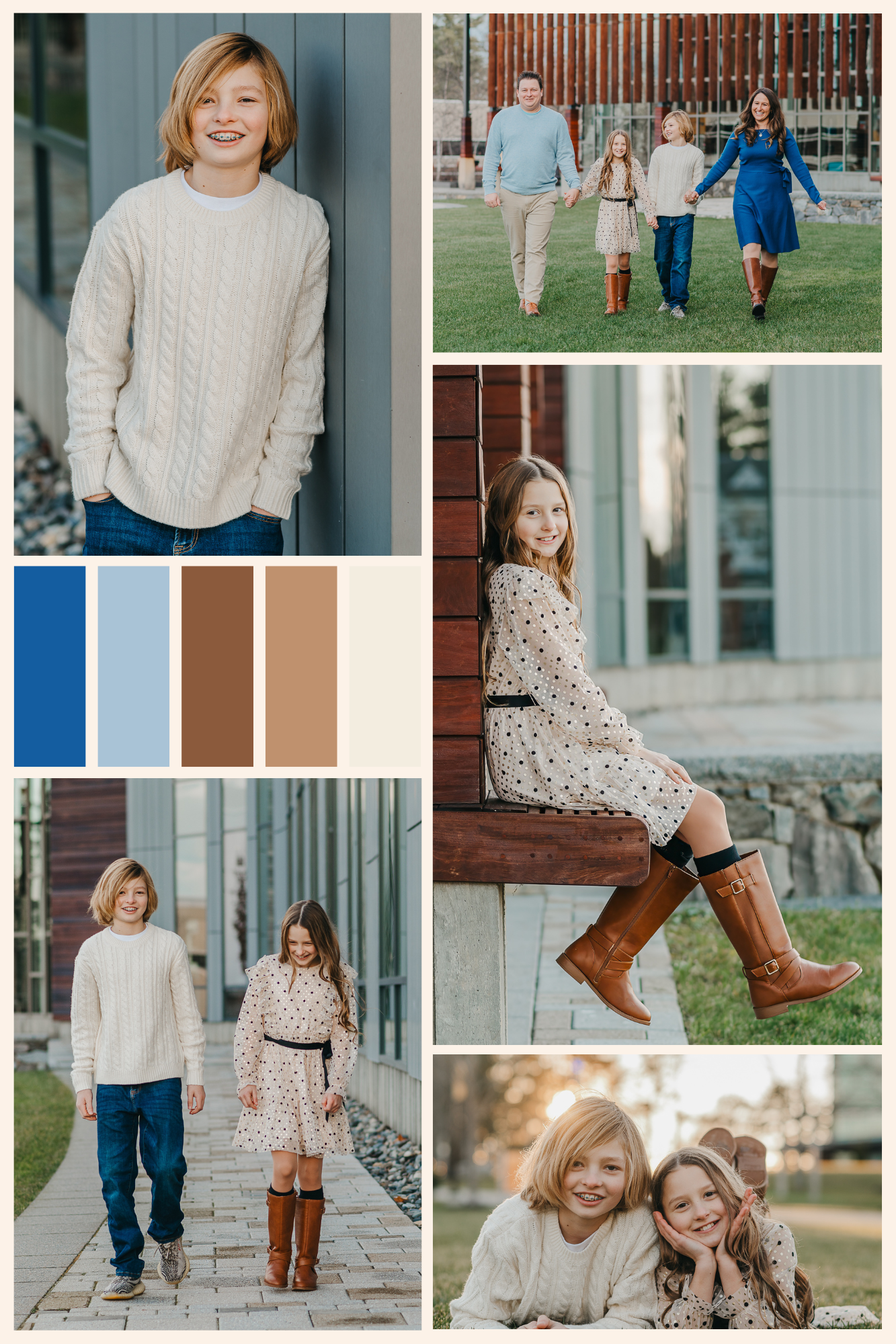 A collection of lifestyle family photos featuring casual outfits, sweaters, boots and outdoor settings in warm earth tones.