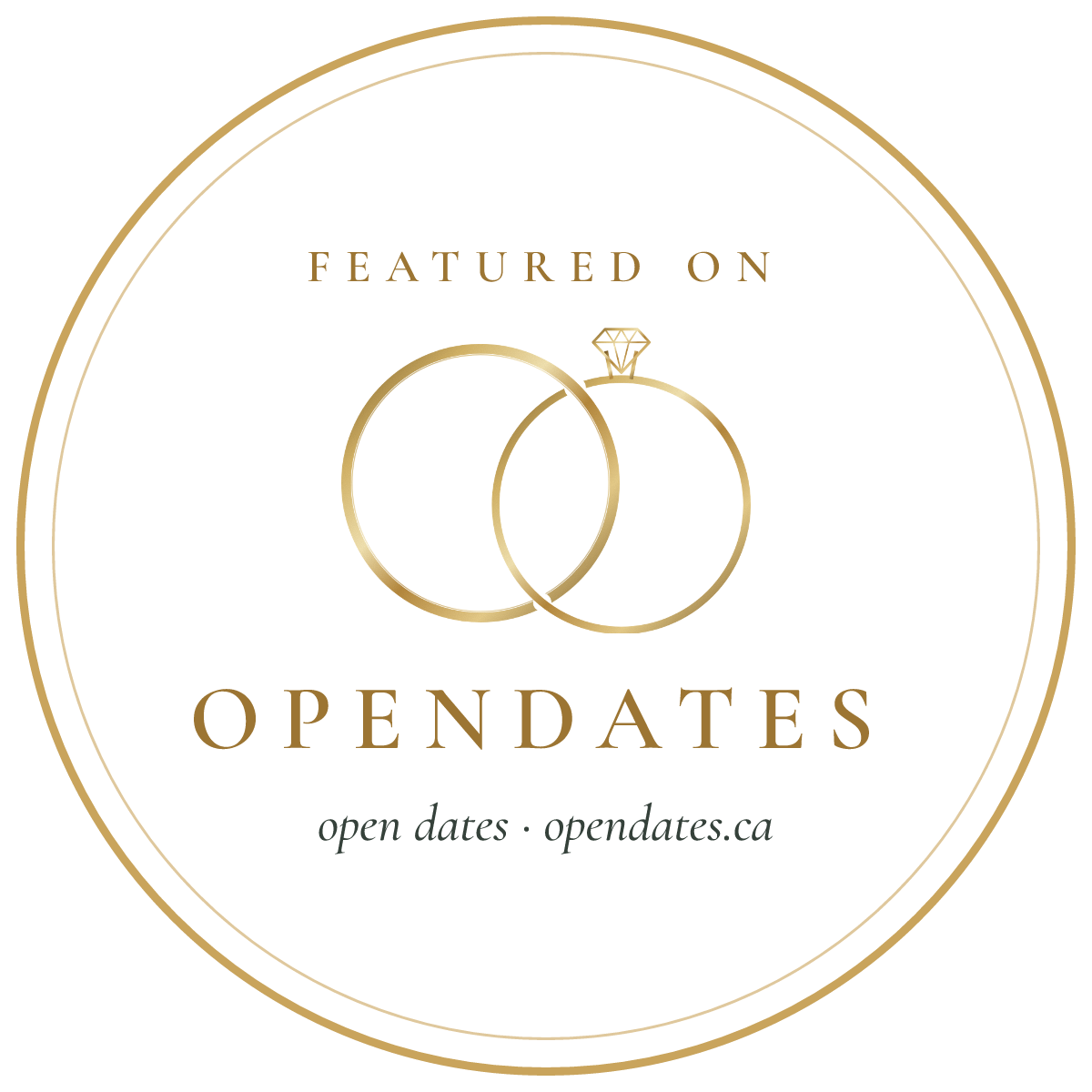Gold circular Opendates badge with interlocking wedding rings and a diamond, reading Featured on Opendates, opendates.ca.