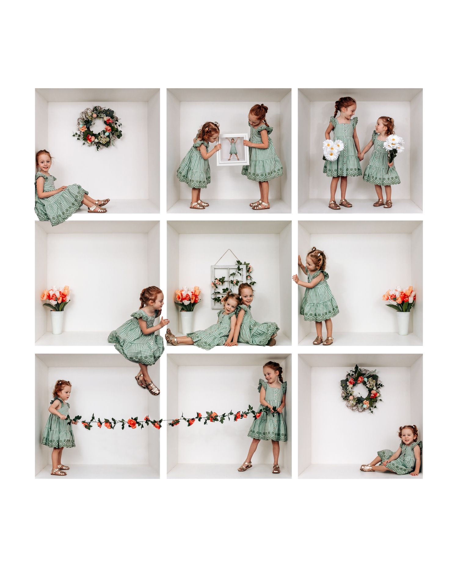 A creative composite photo of a young girl in a green dress in nine different poses.