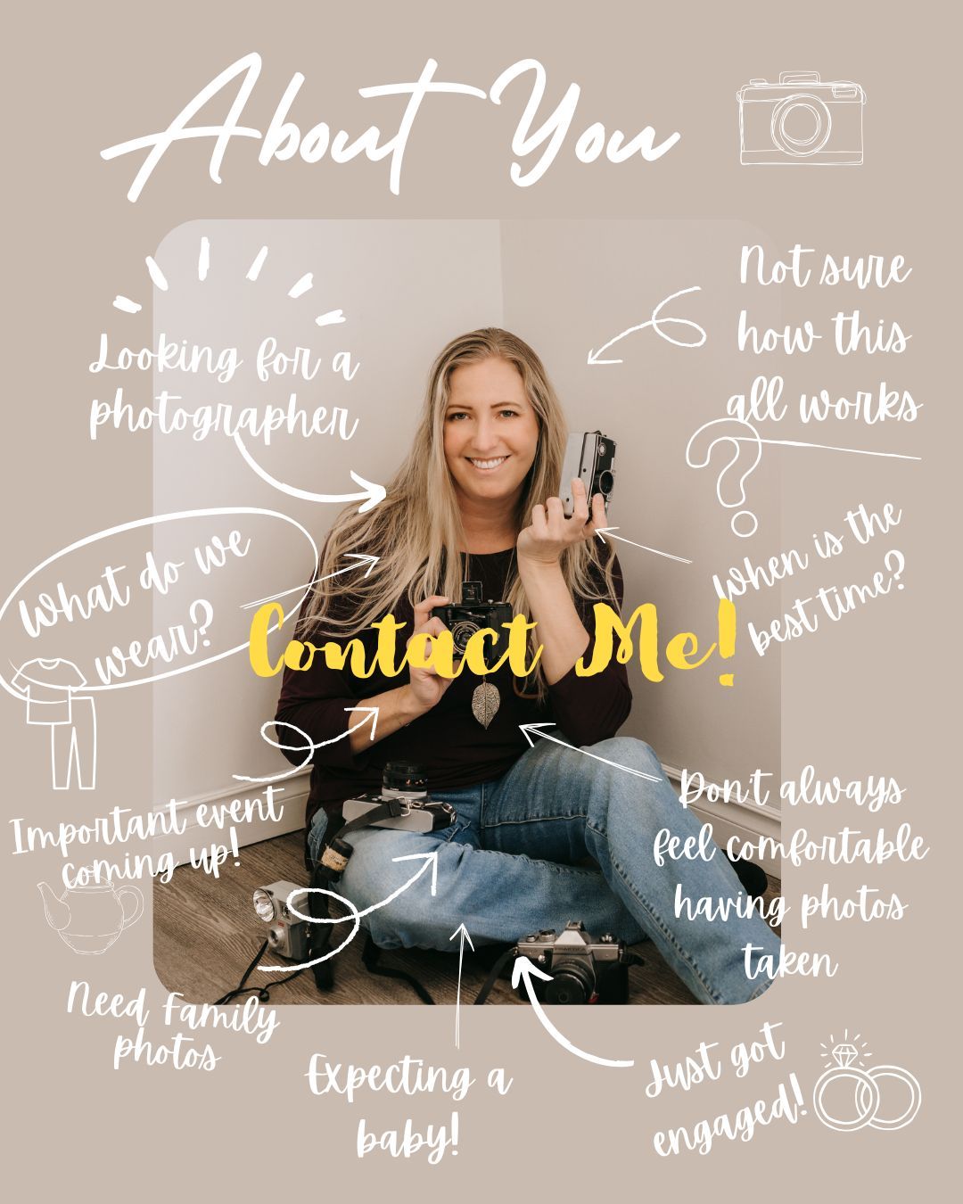 An About You contact promotional image of a smiling female photographer holding a camera with text overlays.