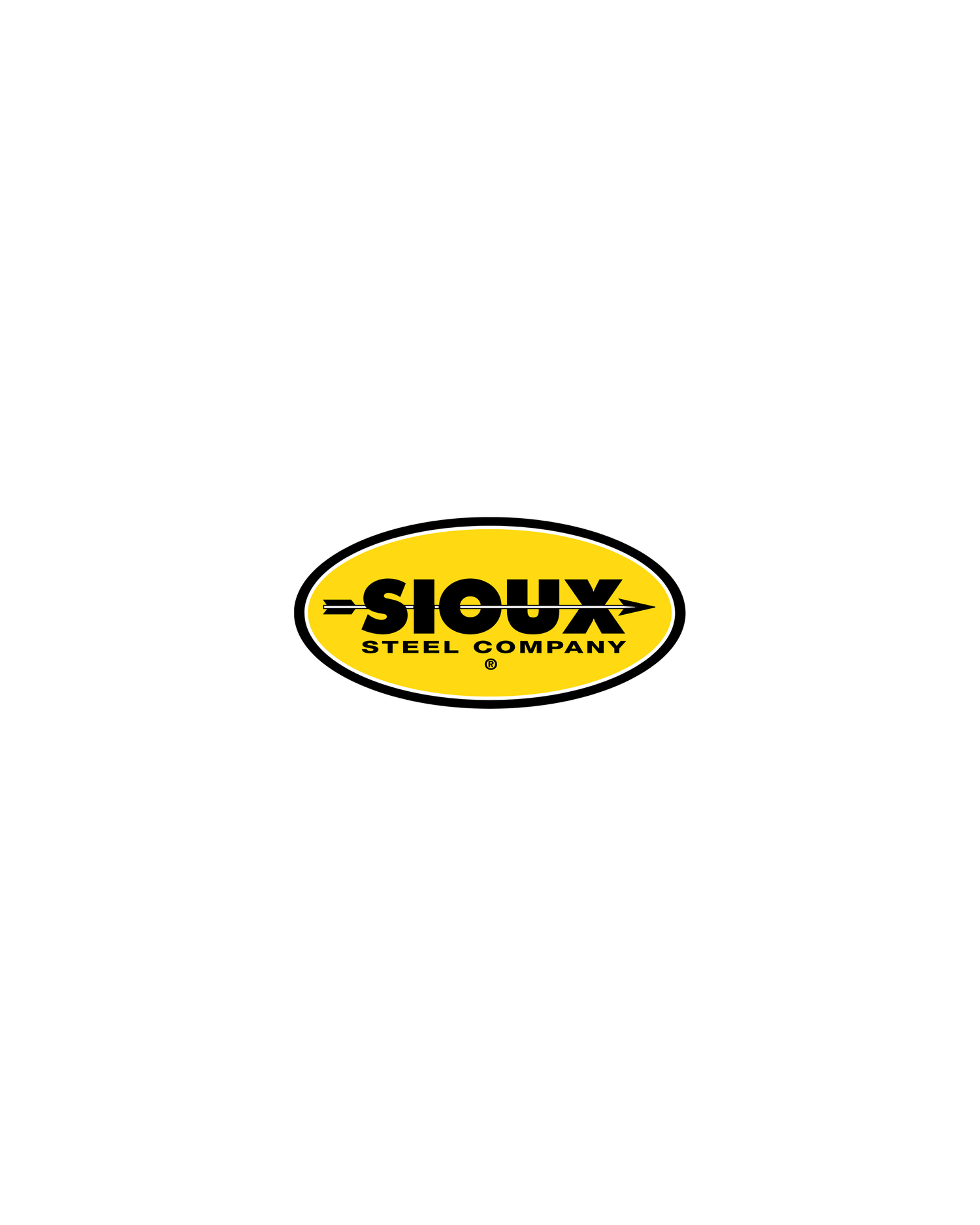 Yellow oval logo for Sioux Steel Company with black text and border on white background.