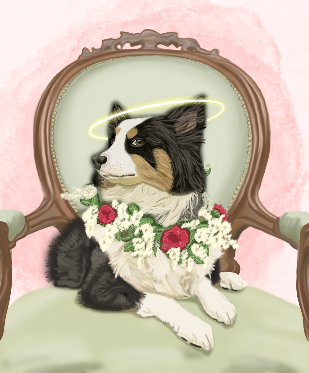 A black and white cat sleeps gracefully on a vintage chair adorned with delicate roses and floral decorations.