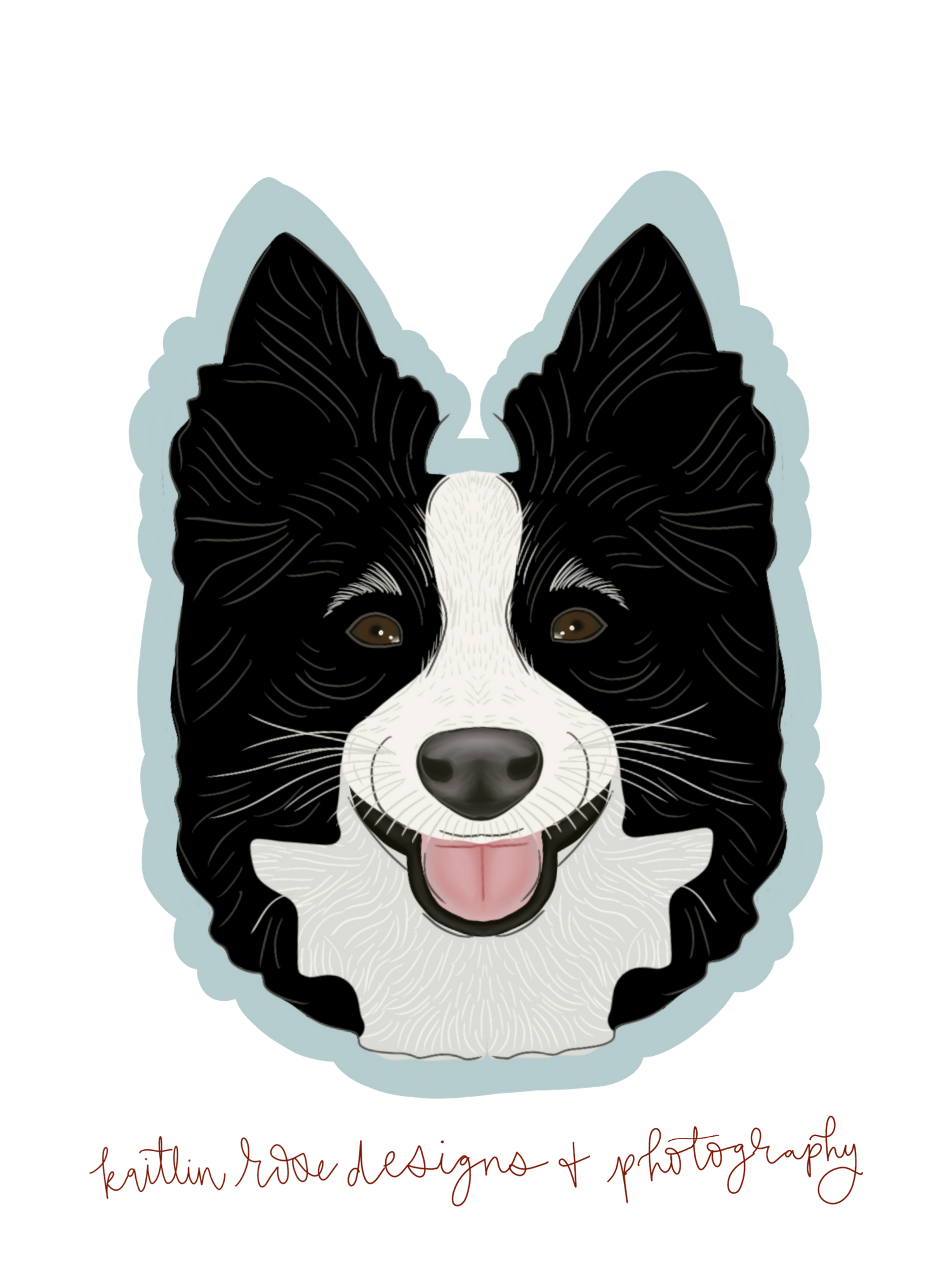 Three illustrated portraits of a black and white Border Collie dog with expressive eyes against a light blue background.