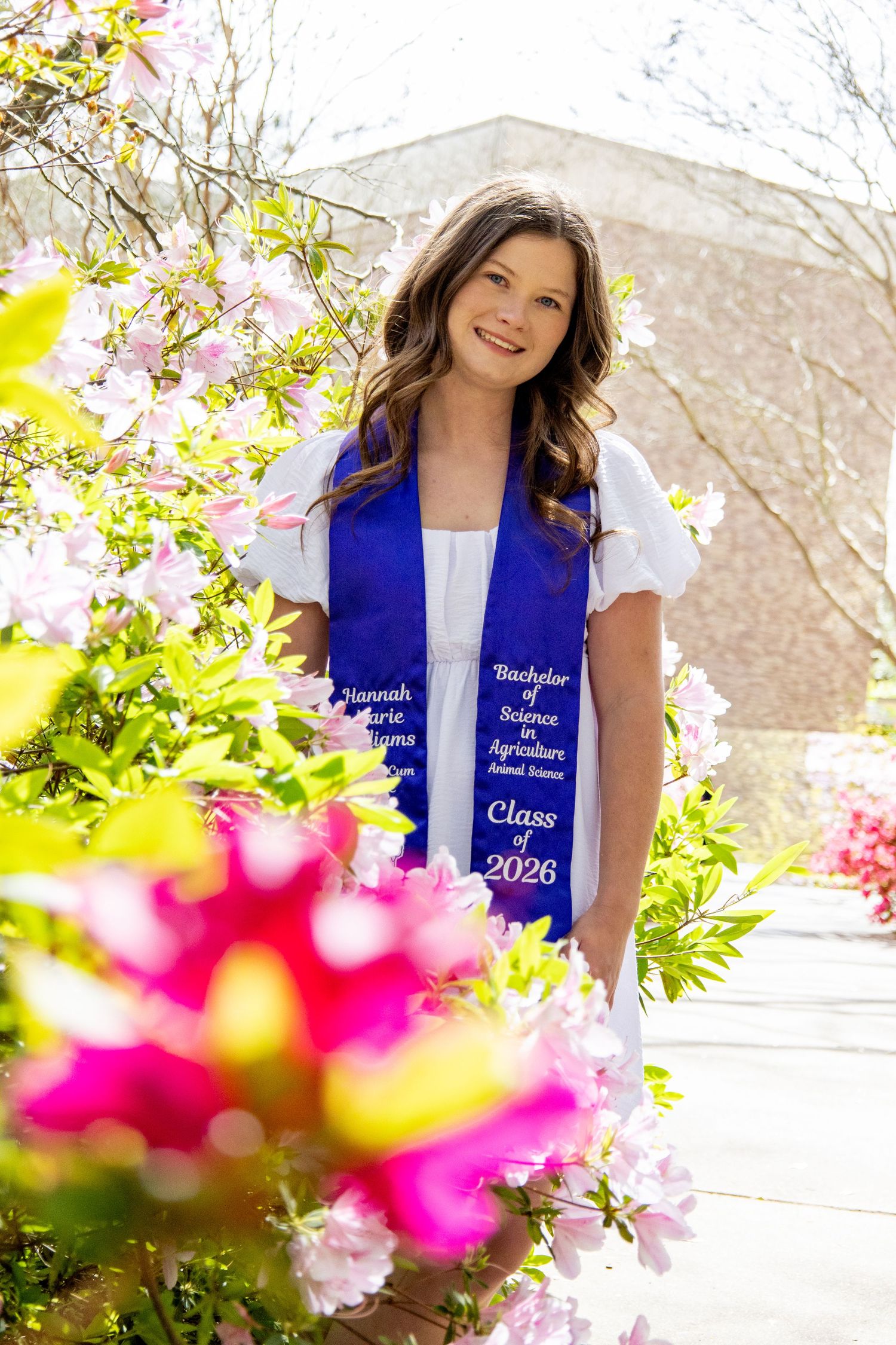 Series of graduation portraits with spring flowers and blue graduation stole.