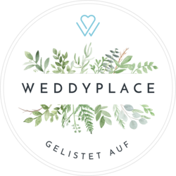 A white and green wedding website logo design with decorative floral elements and text 'Weddyplace'.