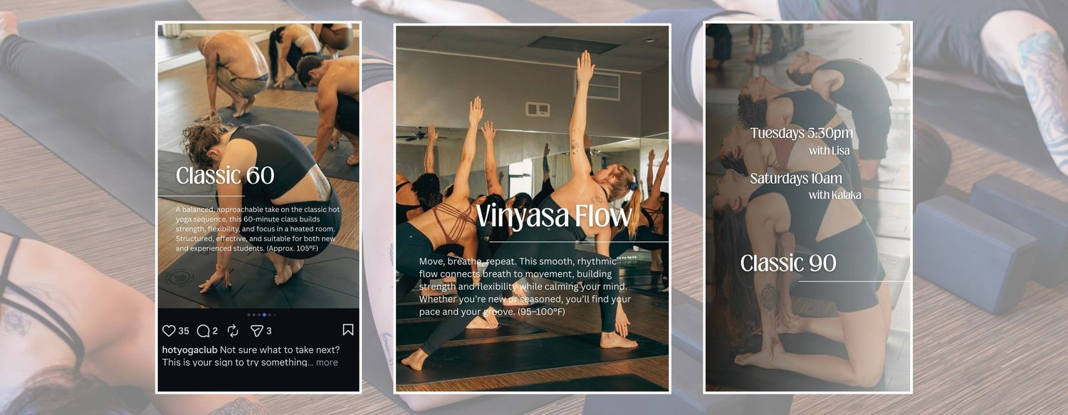 Three yoga class cards displaying Classic 60, Vinyasa Flow, and Classic 90 sessions with practitioners in poses.