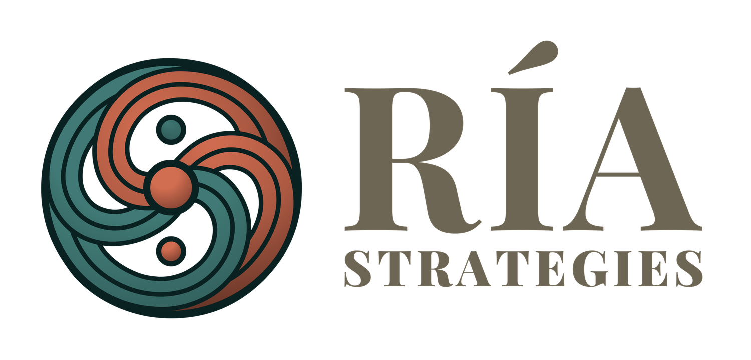 Ría Strategies logo featuring a colorful Celtic triskelion spiral emblem in teal and terracotta beside bold branded text.
