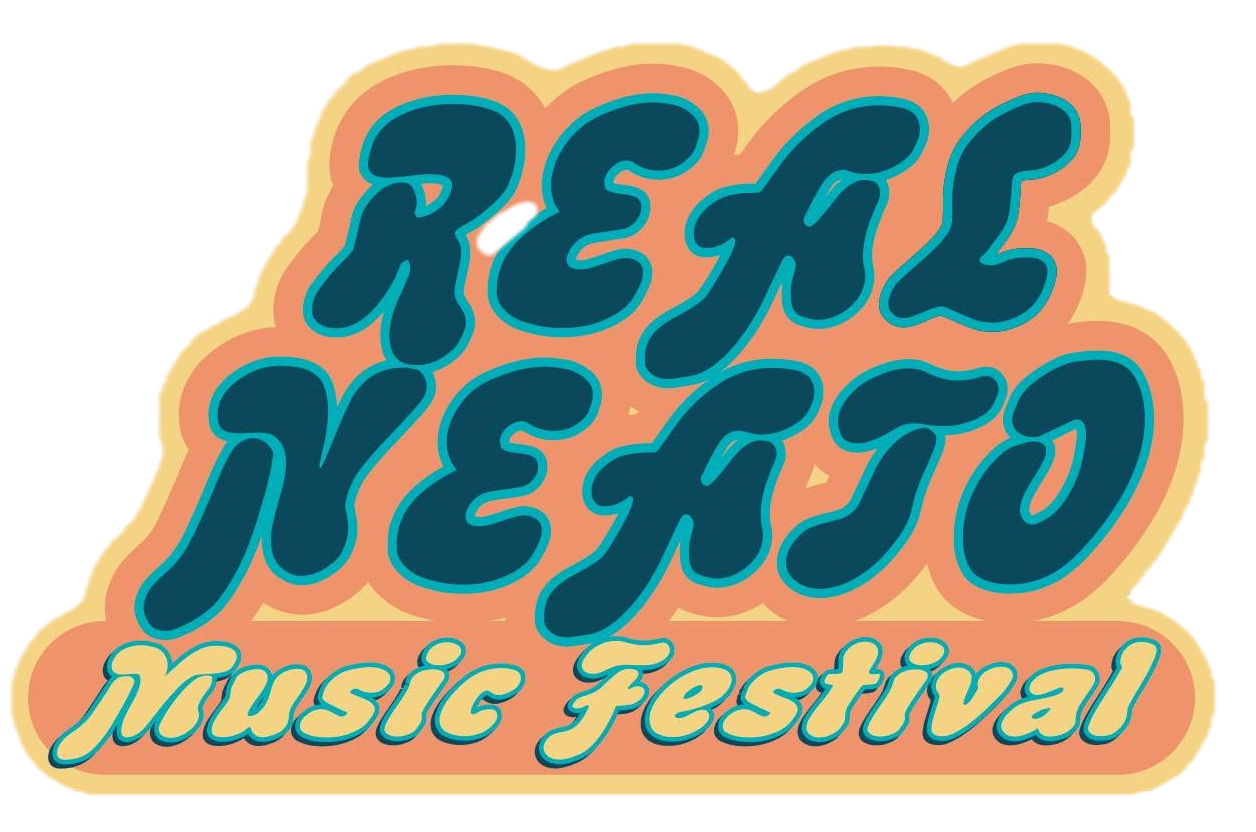 Retro-styled Real Neato Music Festival logo with bold teal lettering and pink outline on white background.