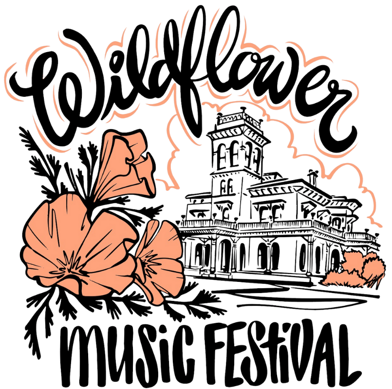 Hand-drawn wildflower and architectural elements create a decorative banner design for a music festival.