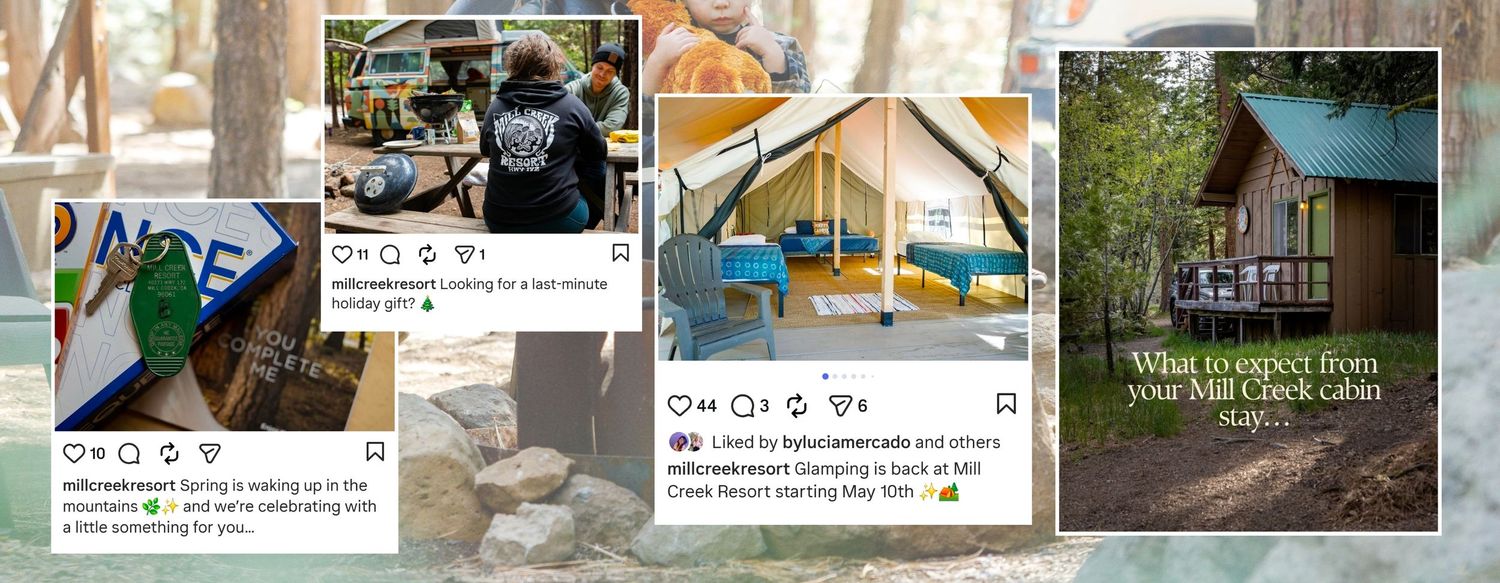 Collage of glamping cabin resort social media posts featuring luxury tents, cozy wooden cabins, and outdoor mountain camping experiences.