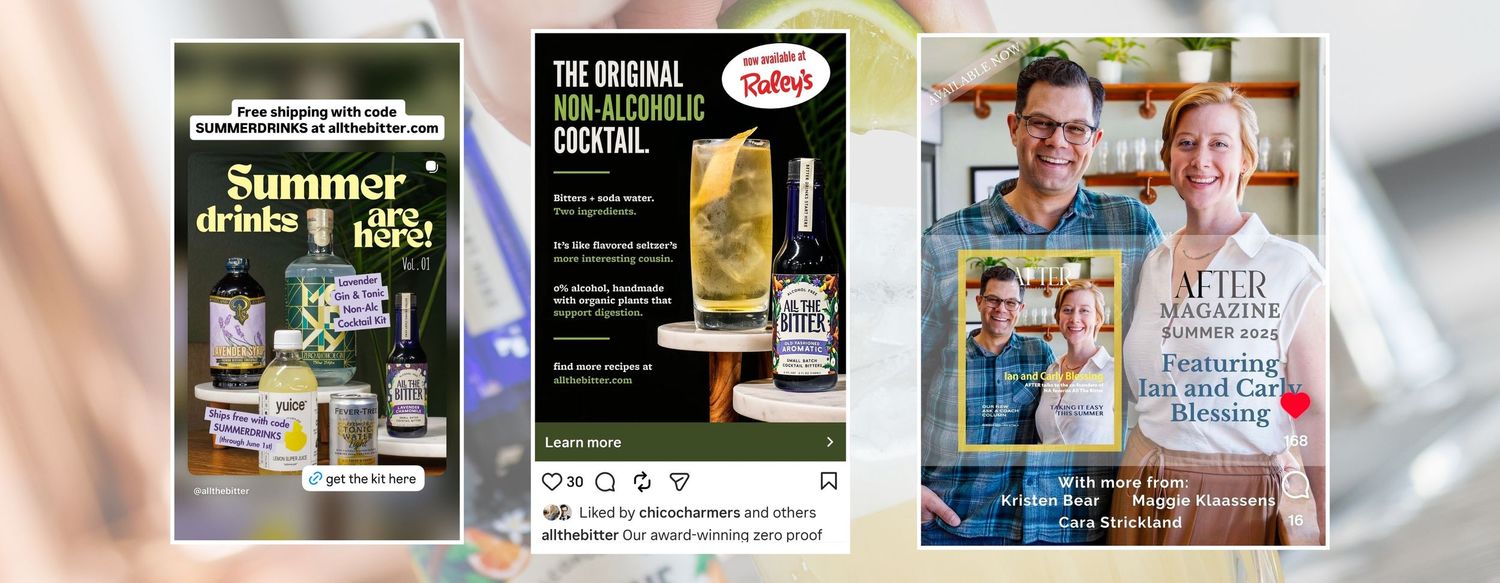 Collage of summer drink promotions featuring non-alcoholic cocktails, herbal beverages, and a cookbook featuring red cat recipes.
