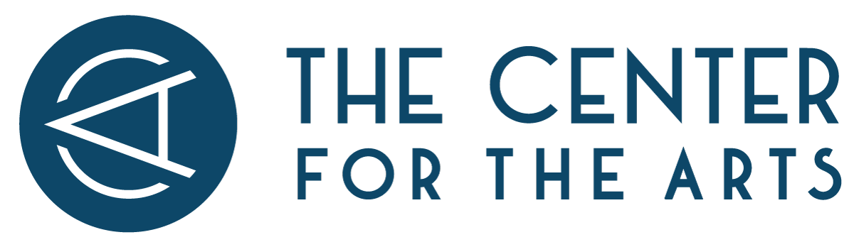 A modern blue logo for The Center For The Arts featuring circular geometric shapes and text in sans-serif typography.