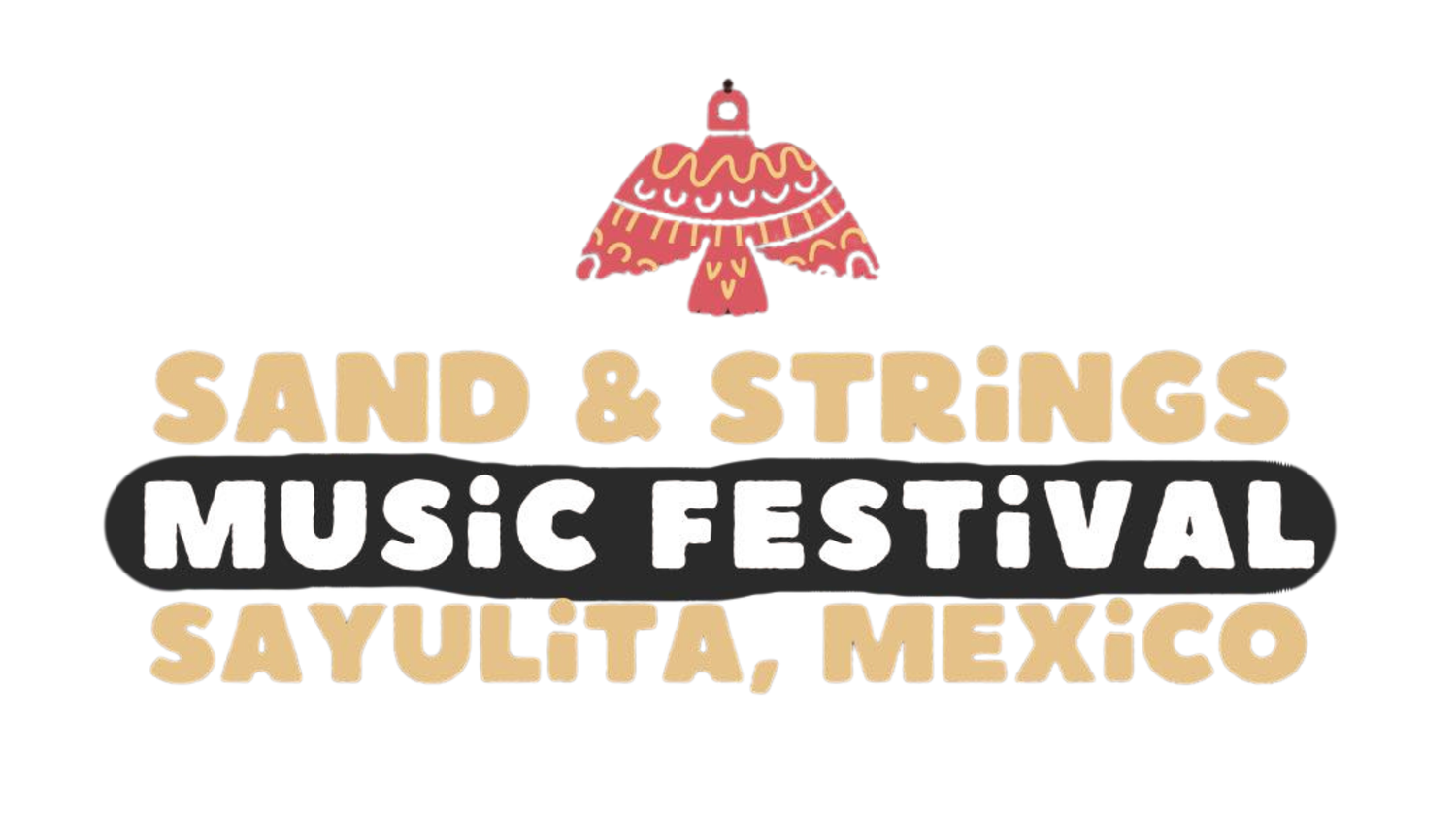 Sand and Strings Music Festival logo for event in Sayulita Mexico featuring red bird symbol and black text banner.