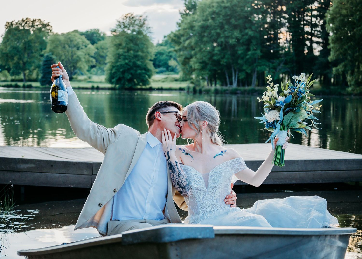 Newlyweds celebrate wedding in a boat