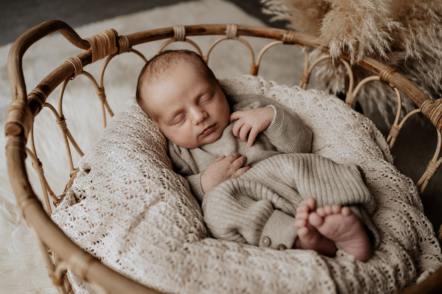 Neugeborenes Baby liegt entspannt in einem Körbchen und wird in einer liebevollen Detailaufnahme gezeigt.