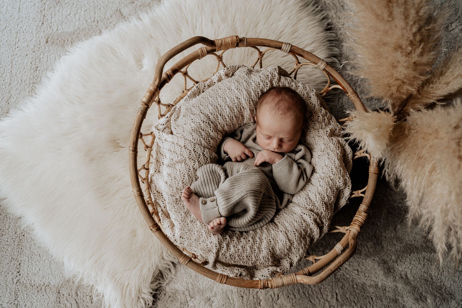 Neugeborenes Baby liegt entspannt in einem Körbchen, liebevoll und natürlich fotografiert.