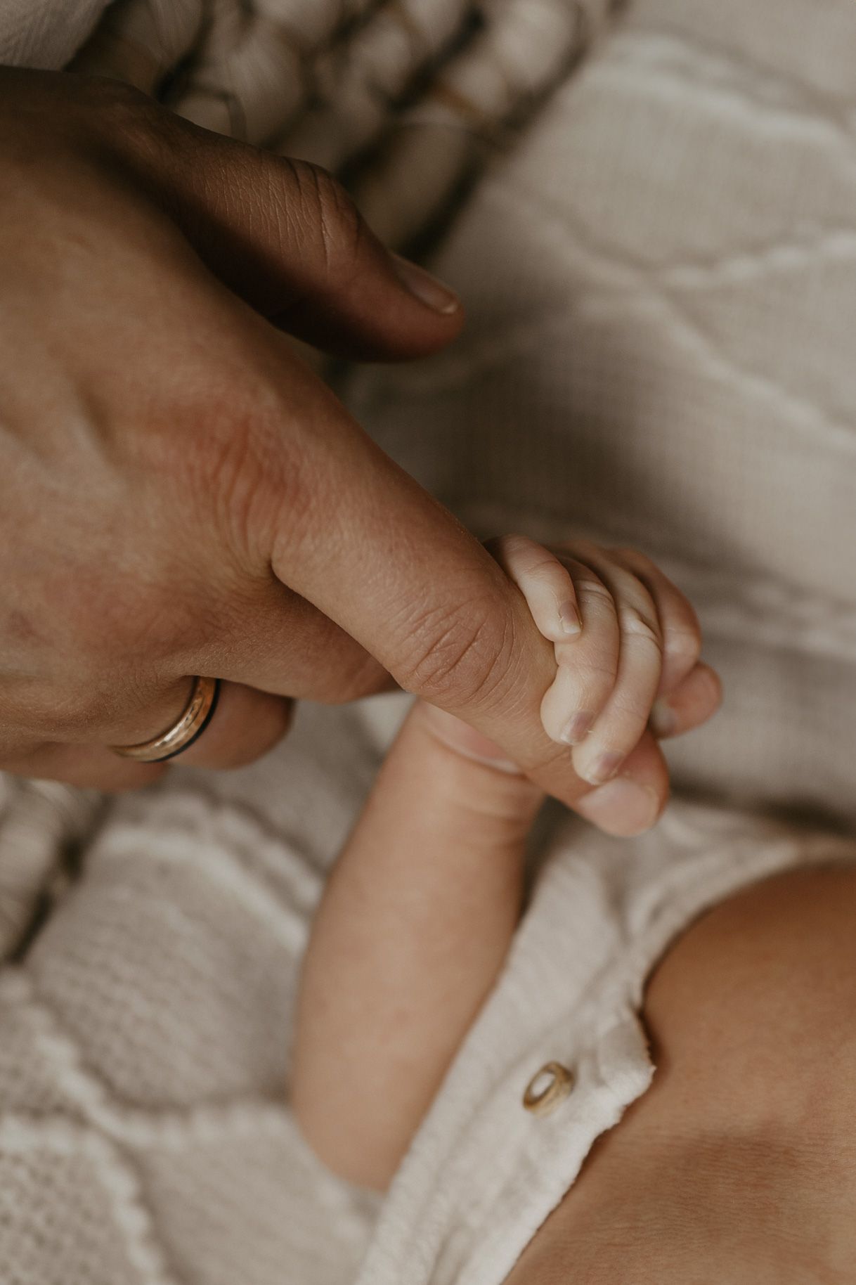 Kleines Baby mit winzigen Fingern hält sich am Zeigefinger seines Vaters fest