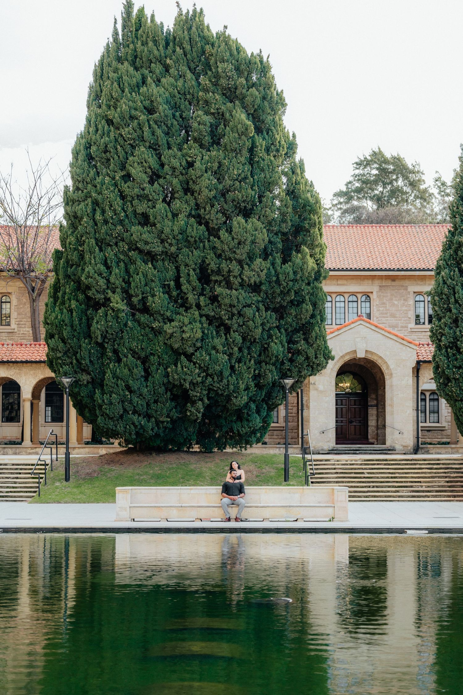 A person sits by a reflective pond in front of a grand stone building with a large cypress tree.