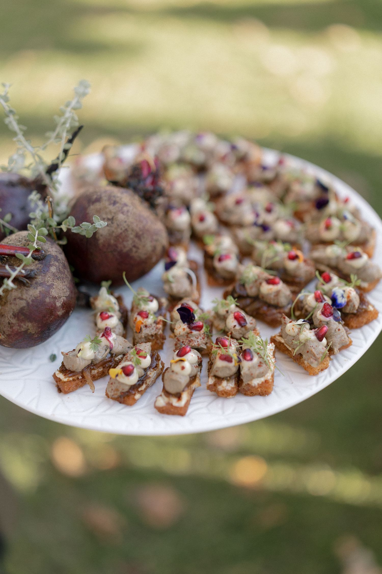 Elegant wedding canapés with colorful toppings on toasted bread displayed on a white plate with roasted beets outdoors.