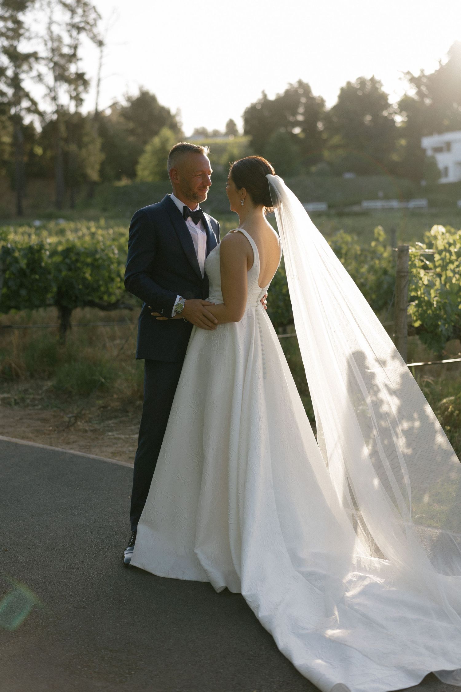 Bride and groom embrace on a sunlit path surrounded by lush vineyard greenery, bride wearing a flowing white gown with veil.