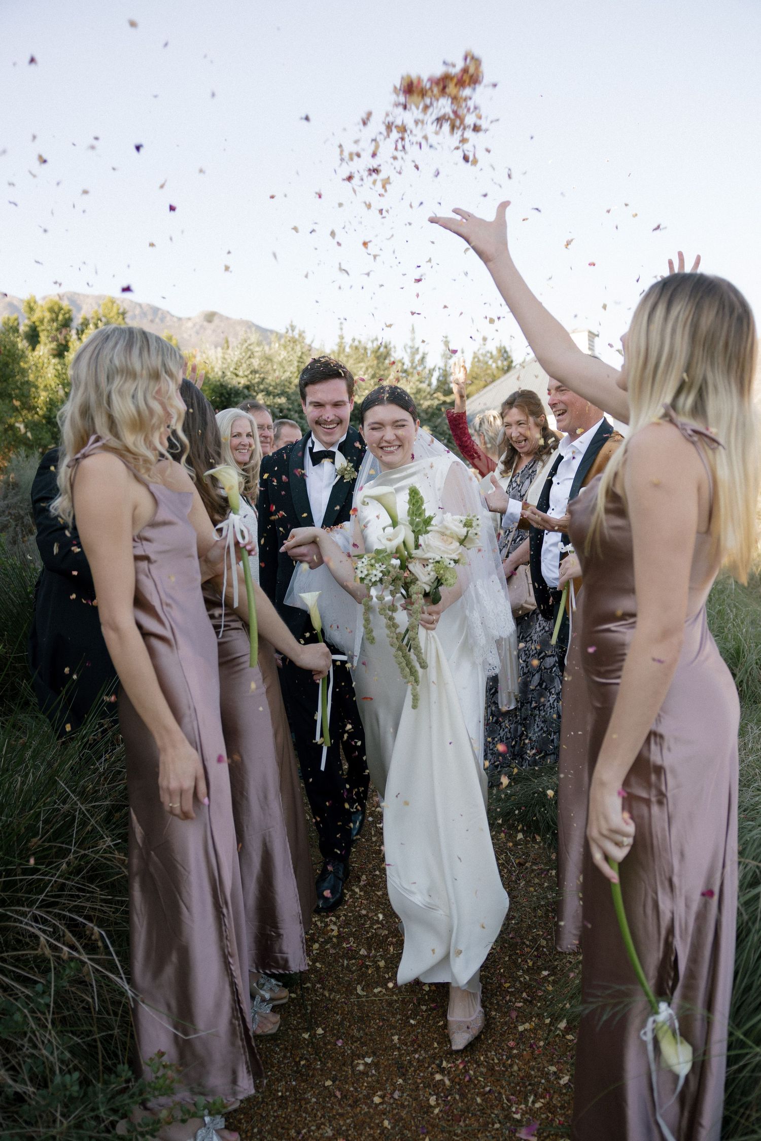 Wedding guests toss colorful confetti over smiling bride and groom walking through bridal party in mauve satin dresses.