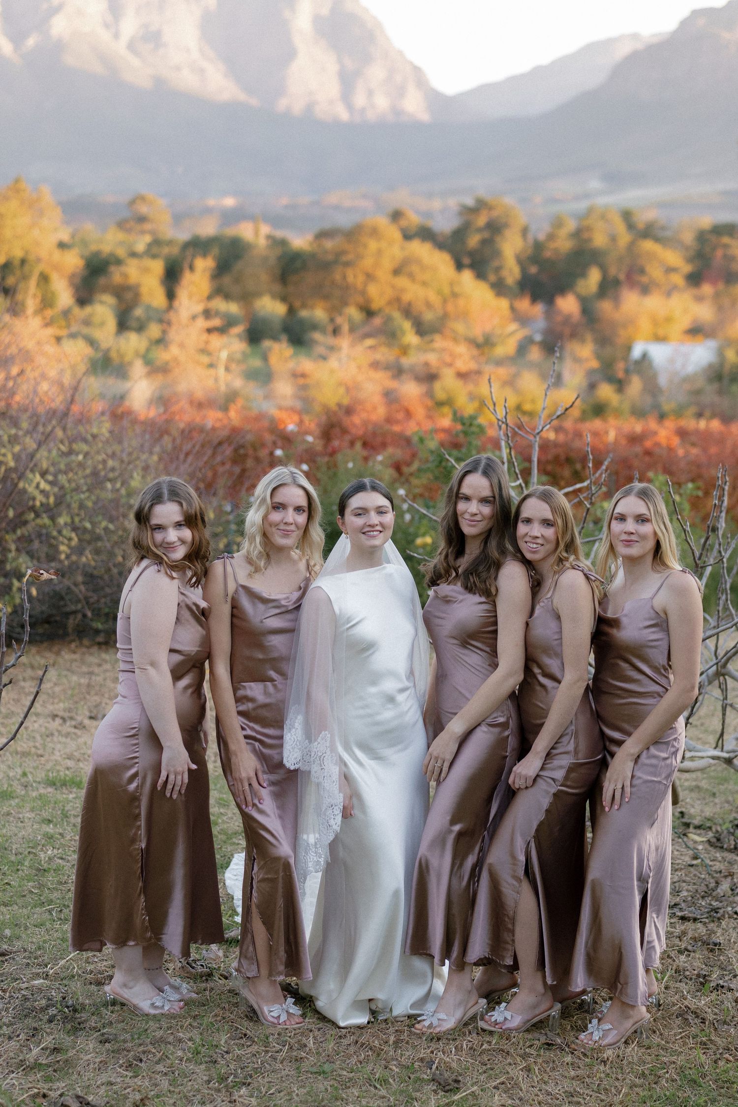 Bride with five bridesmaids in taupe satin gowns posing outdoors with autumn foliage and mountains backdrop.