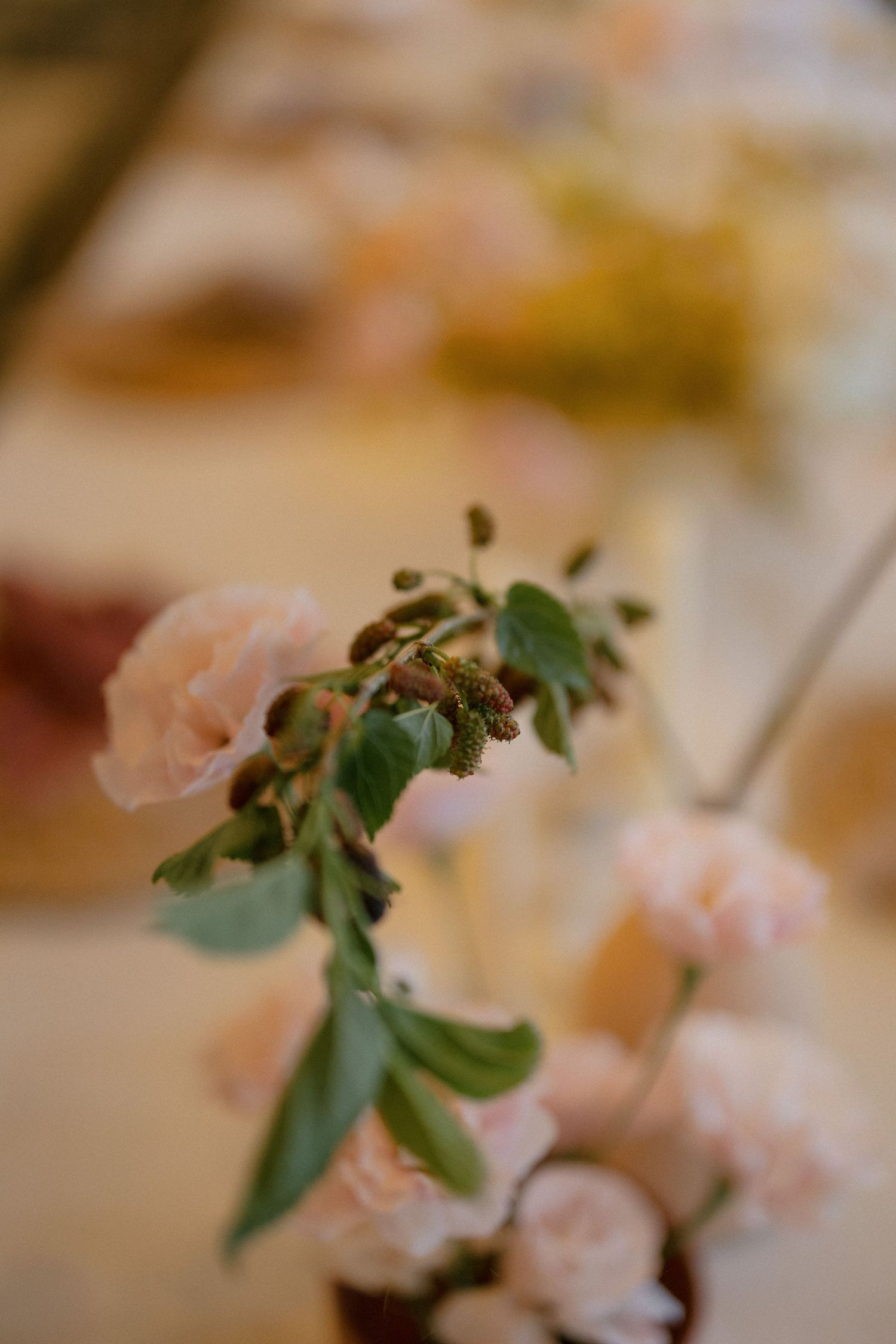 Close-up of blush pink garden roses with green foliage in elegant wedding reception centerpiece.