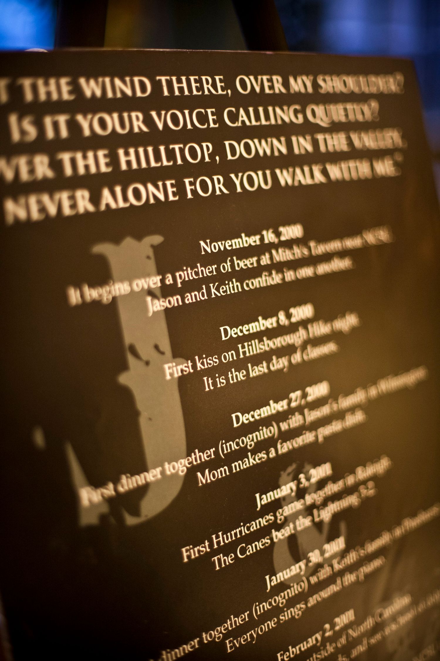 Wedding reception program board listing the couple's relationship milestones and love story timeline.