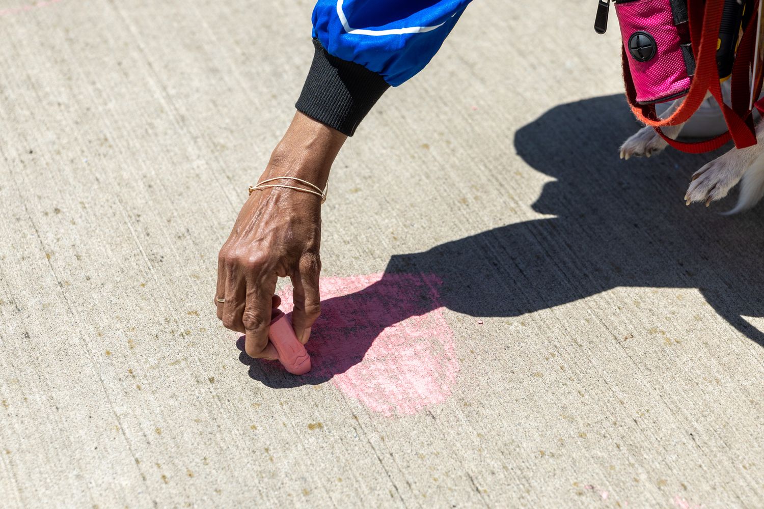 A person drawing a pink chalk circle on concrete pavement in bright sunlight outdoors.