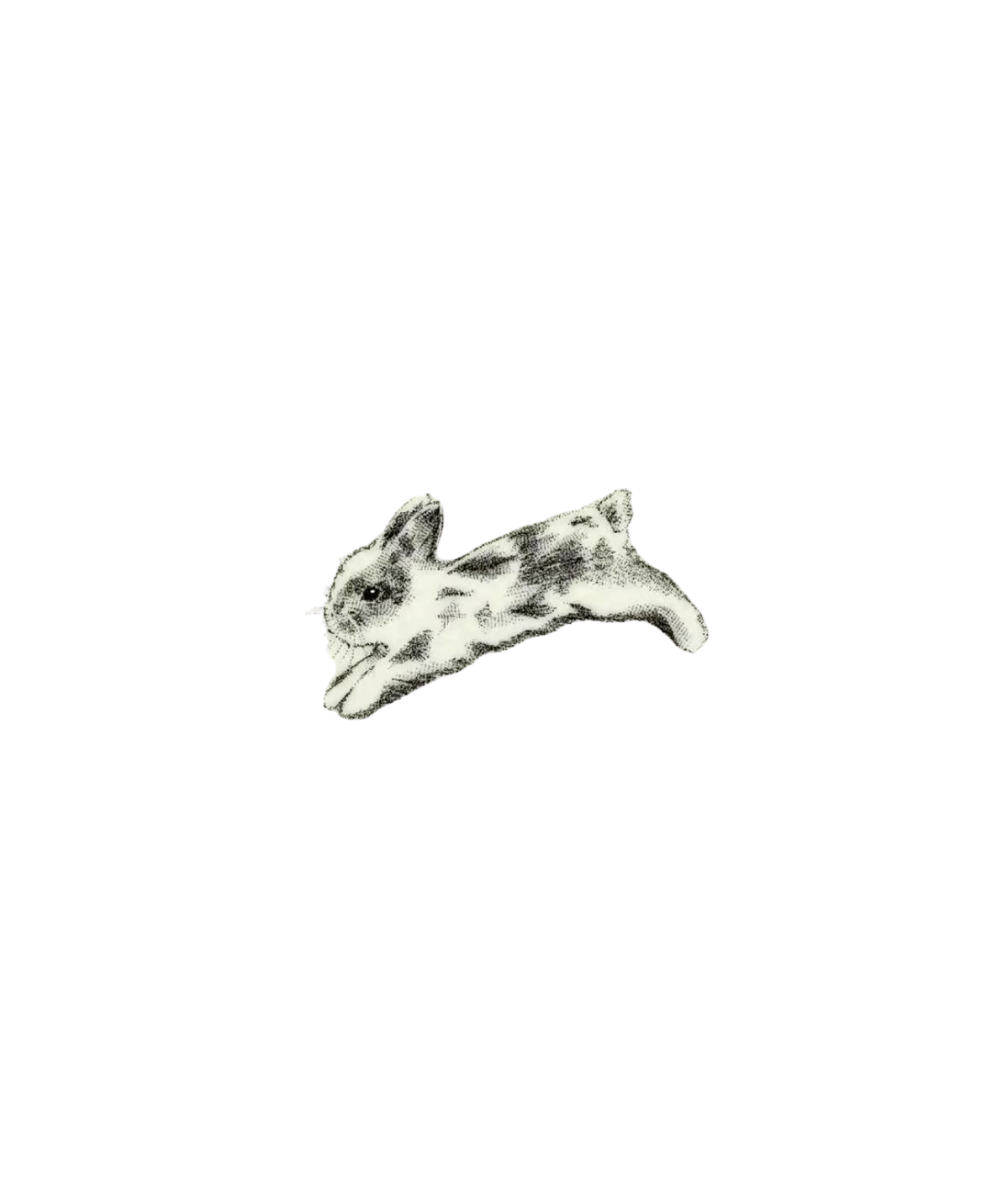 Detailed black and white sketch illustration of a leaping spotted rabbit on white background.