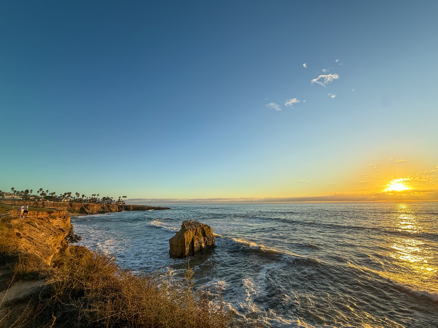 Golden sunset over a rocky Pacific coastline with palm trees and ocean waves in warm evening light.