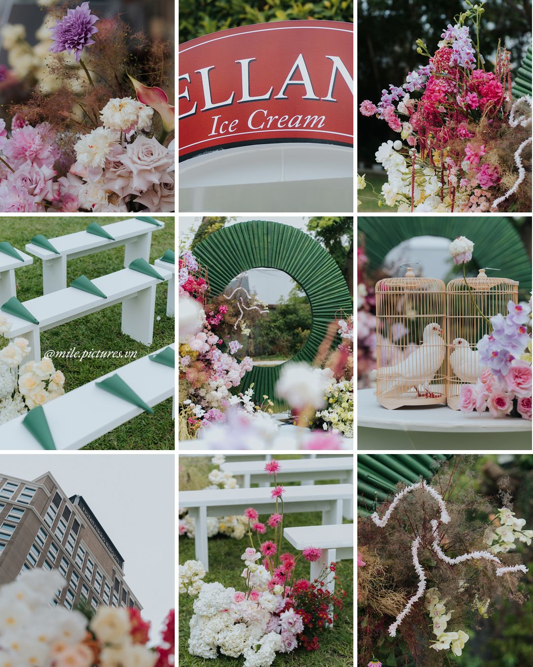 Elegant outdoor wedding decor collage featuring floral arrangements, white benches, bird cage, and Ellana Ice Cream sign.