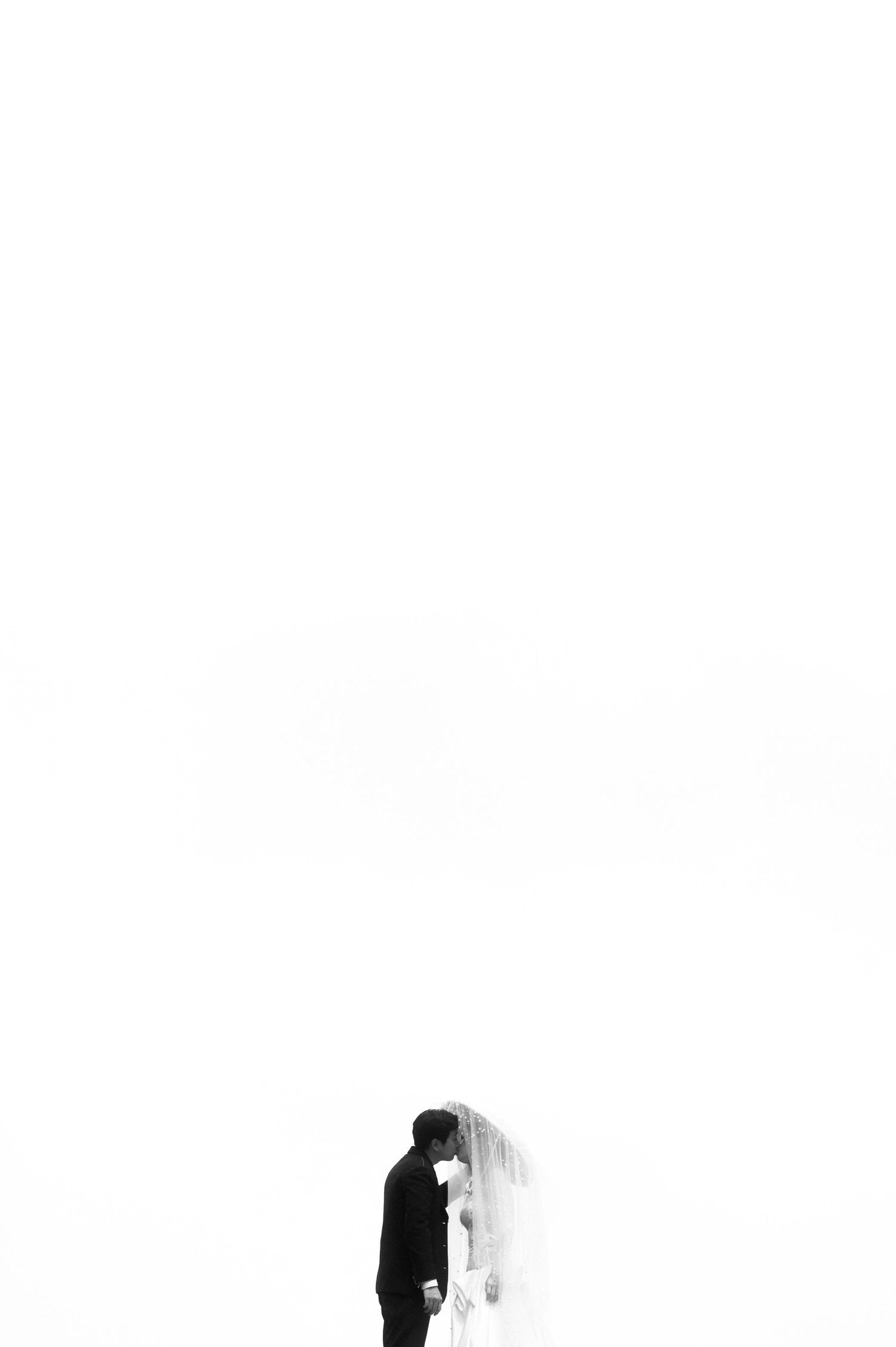 Black and white wedding photo of a couple sharing an intimate moment under a veil against a white background.
