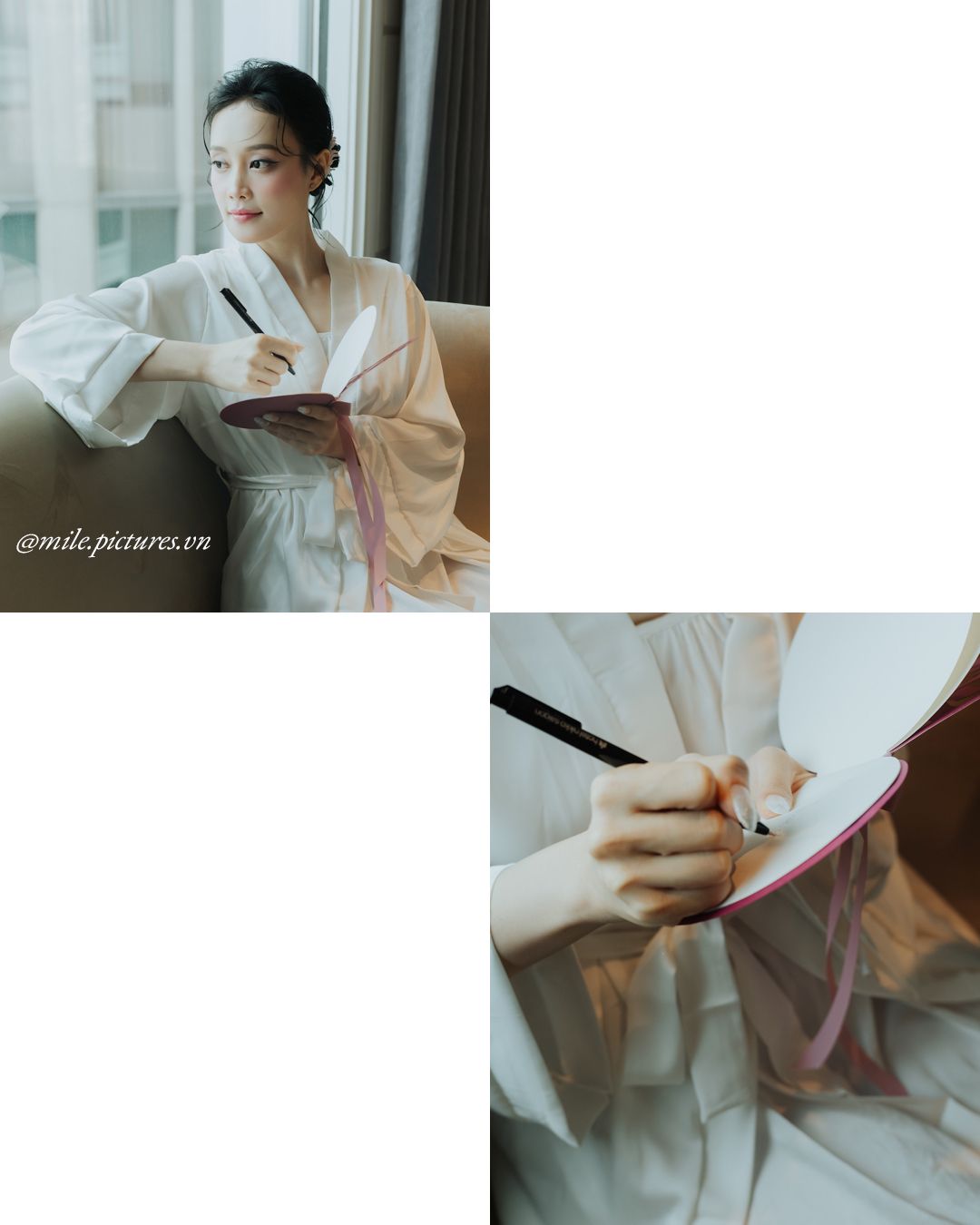 Elegant woman in white hanbok writing in a red notebook by a window, with a close-up detail of her hand holding a pen.