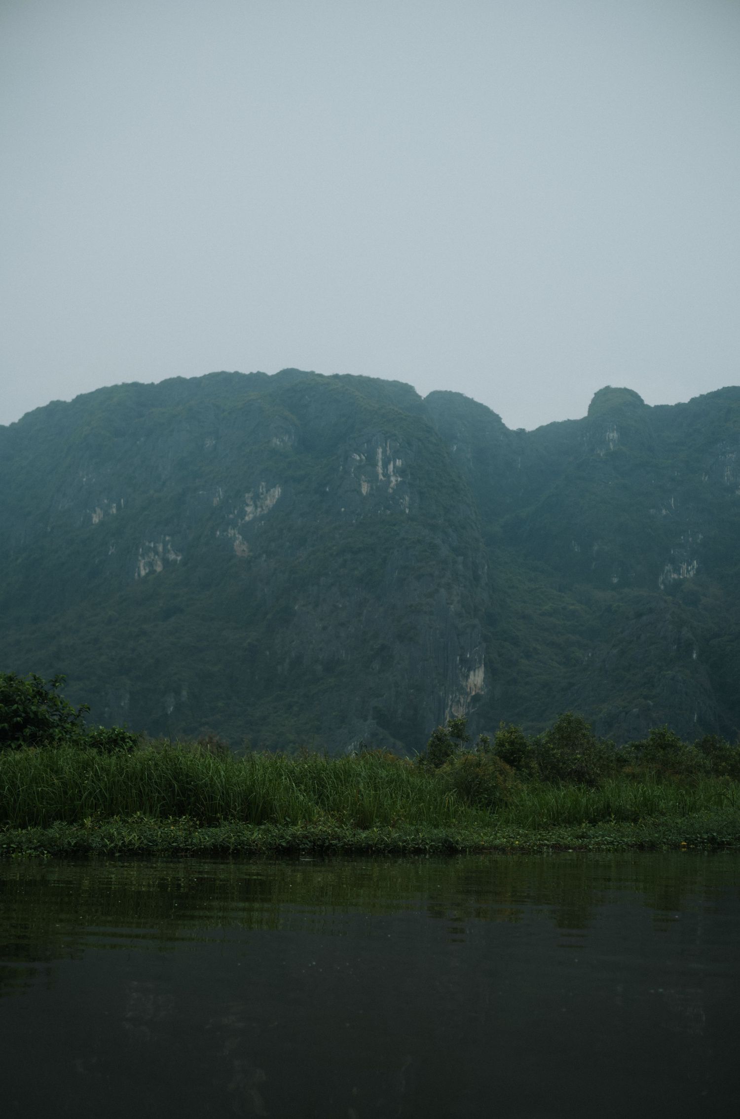 Misty karst mountains covered in lush green jungle rise above a calm river with dense vegetation along the banks.