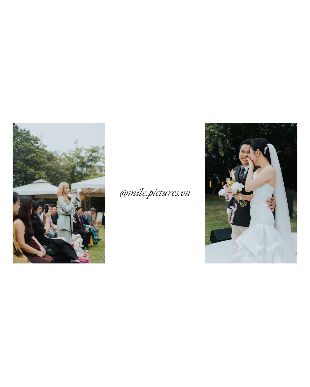 Outdoor wedding ceremony with guests seated and bride and groom sharing a romantic moment in a garden setting.