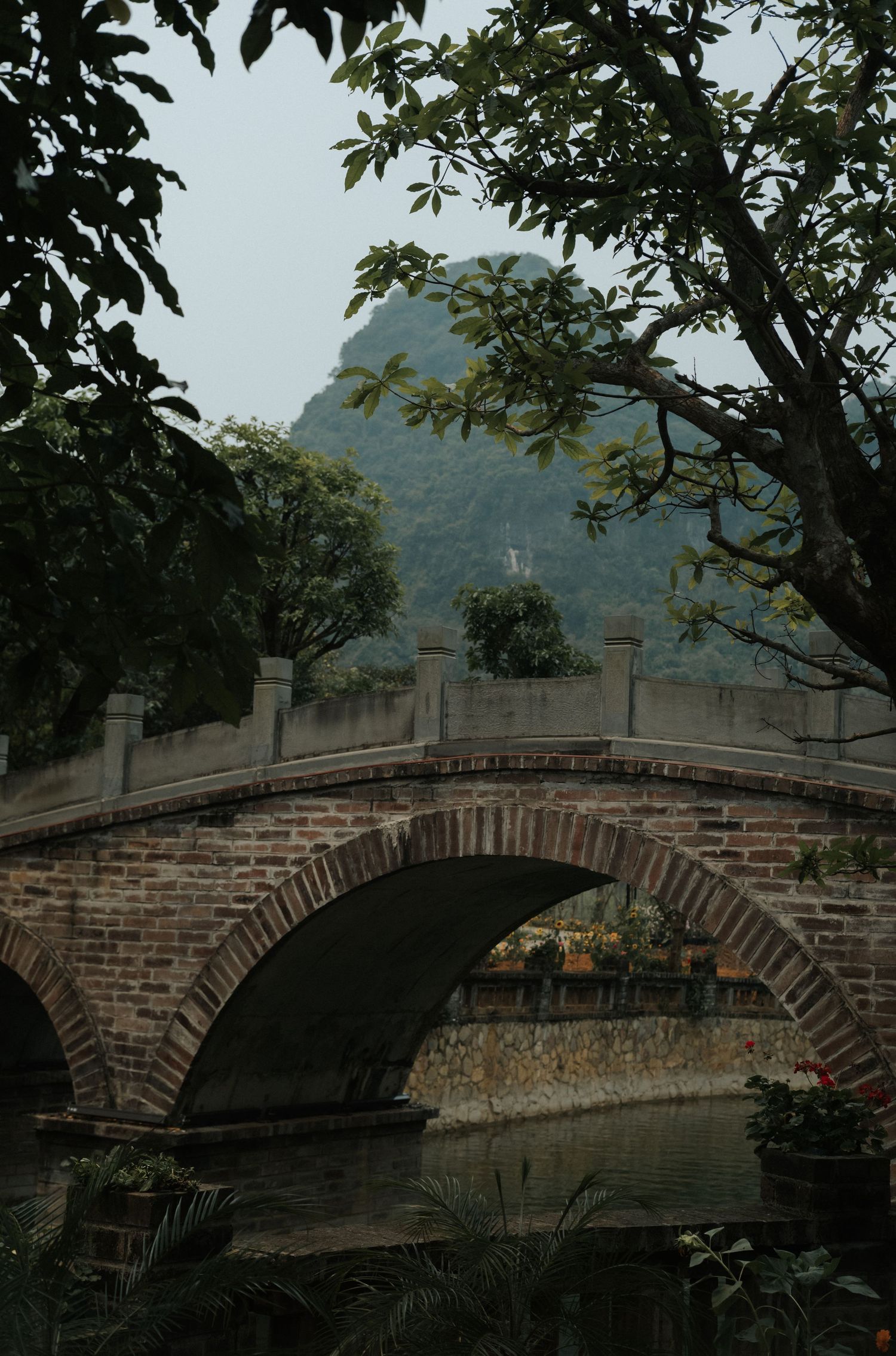 Stone arch bridge over calm water with lush trees and a dramatic karst mountain peak in the misty background.
