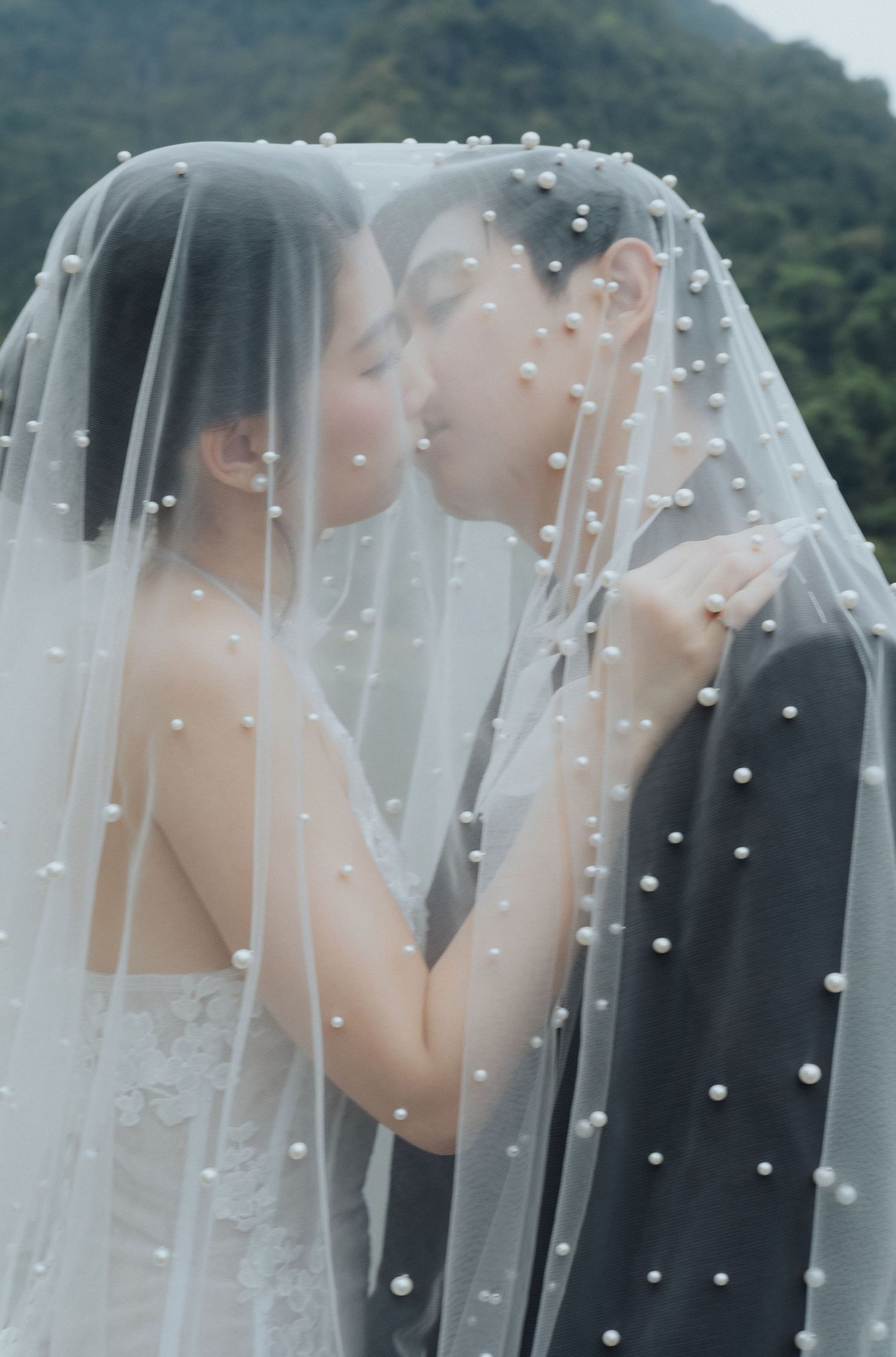 A bride and groom share a romantic kiss under a pearl-adorned wedding veil with green mountains in the background.