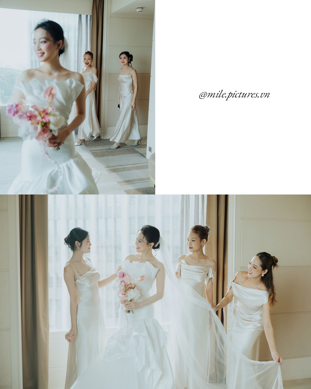 Bride in white gown holds pink bouquet with two bridesmaids in elegant white dresses near bright windows.