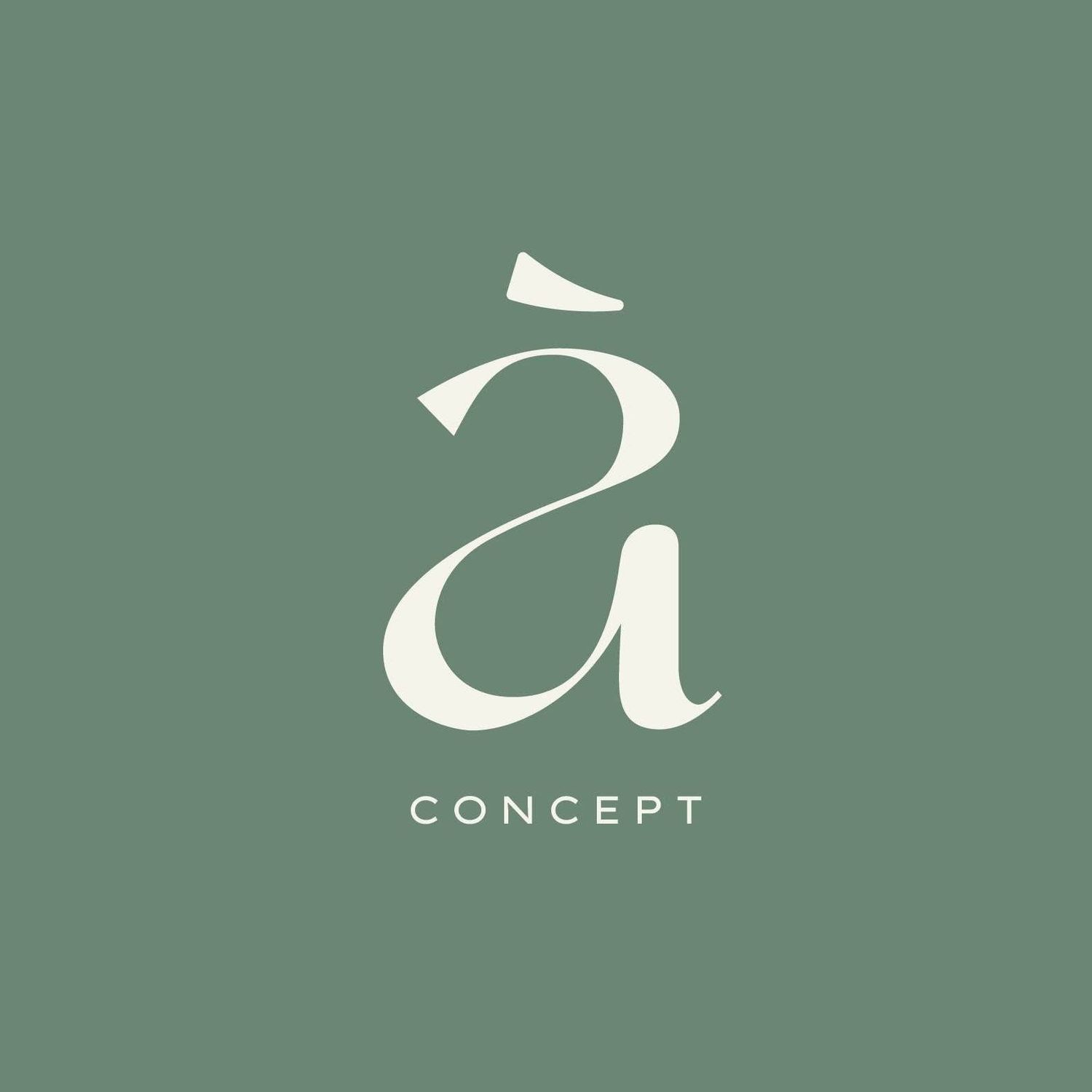 Minimalist logo featuring elegant cursive letter A with grave accent on sage green background for A Concept brand.