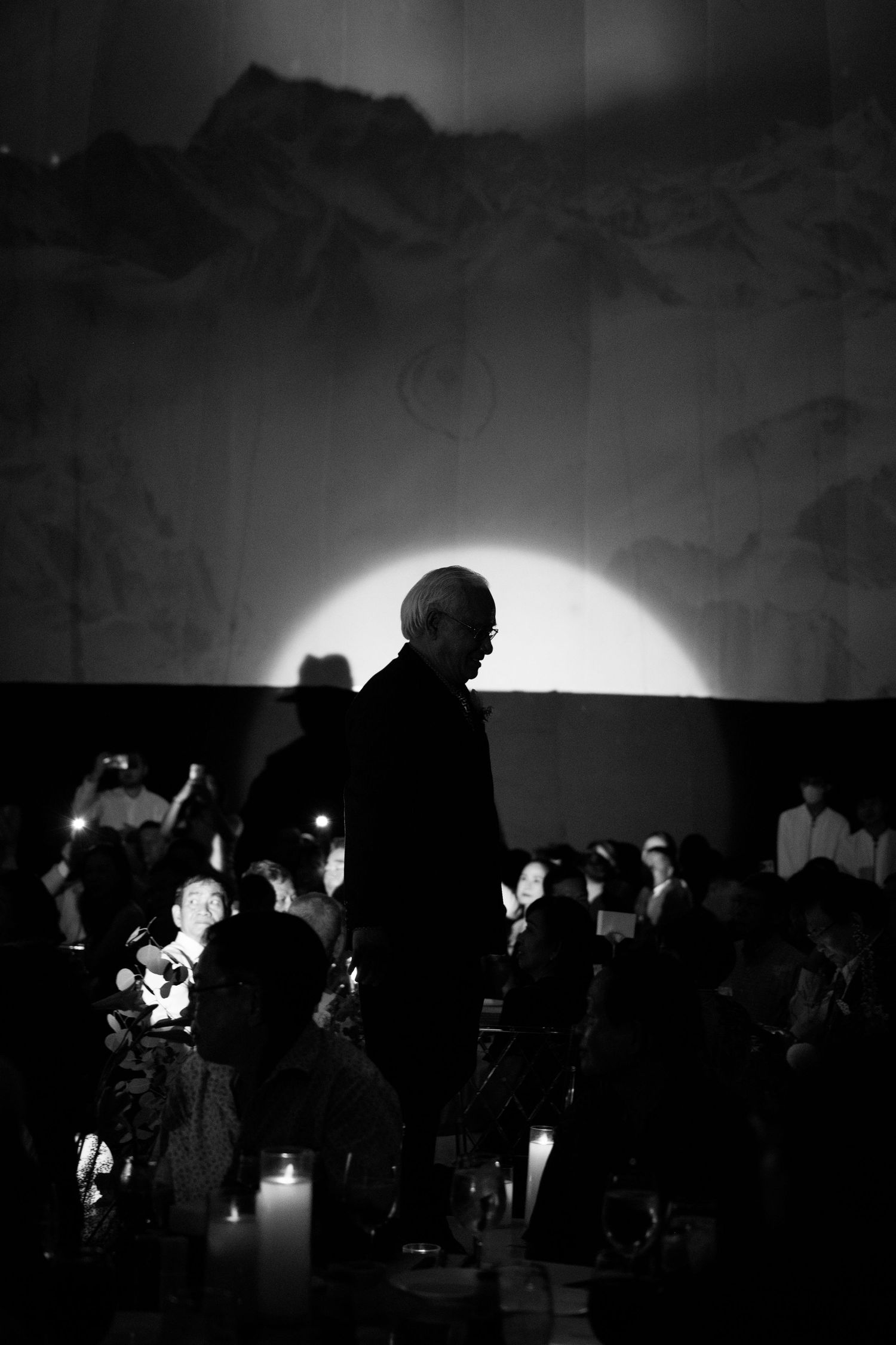 Black and white silhouette of a bald person standing before a glowing circle projection at a crowded event.